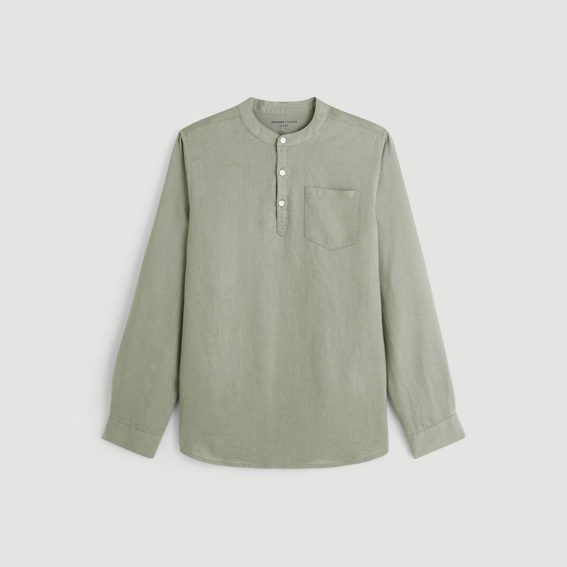Chemise manches longues en lin col mao, Kaki, large image number 0