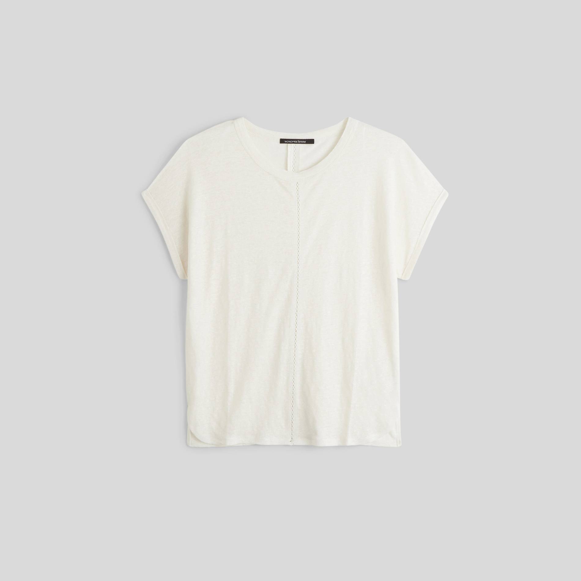 T-shirt manches courtes en lin, Ecru, large image number 0.0