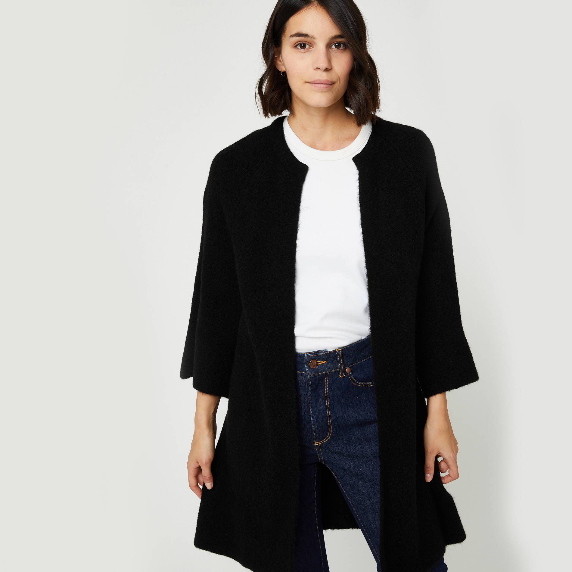 Manteau uni en maille, Noir, large image number 0