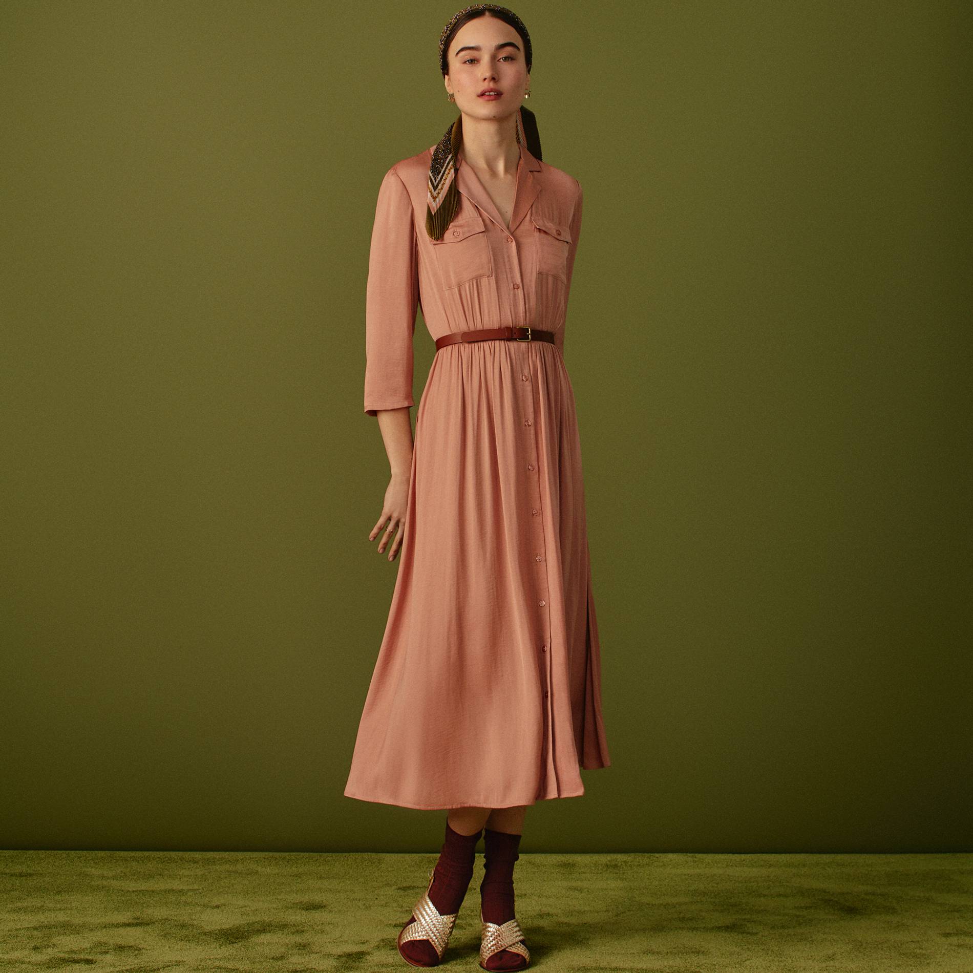 Robe longue col tailleur effet satiné, Bois de rose, large image number 0
