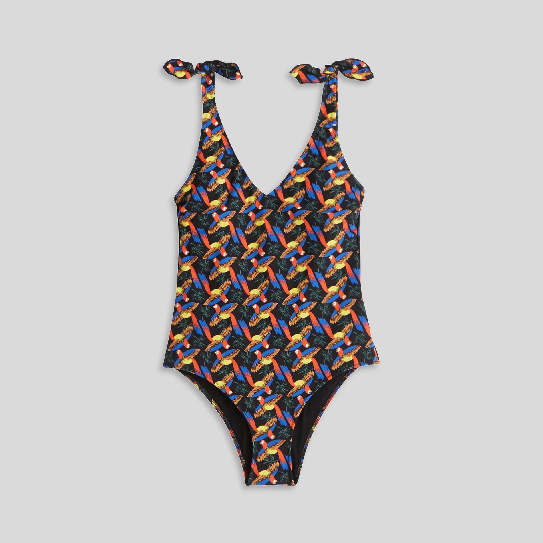 Maillot de bain 1 pièce triangle imprimé perroquets, Noir, large image number 0