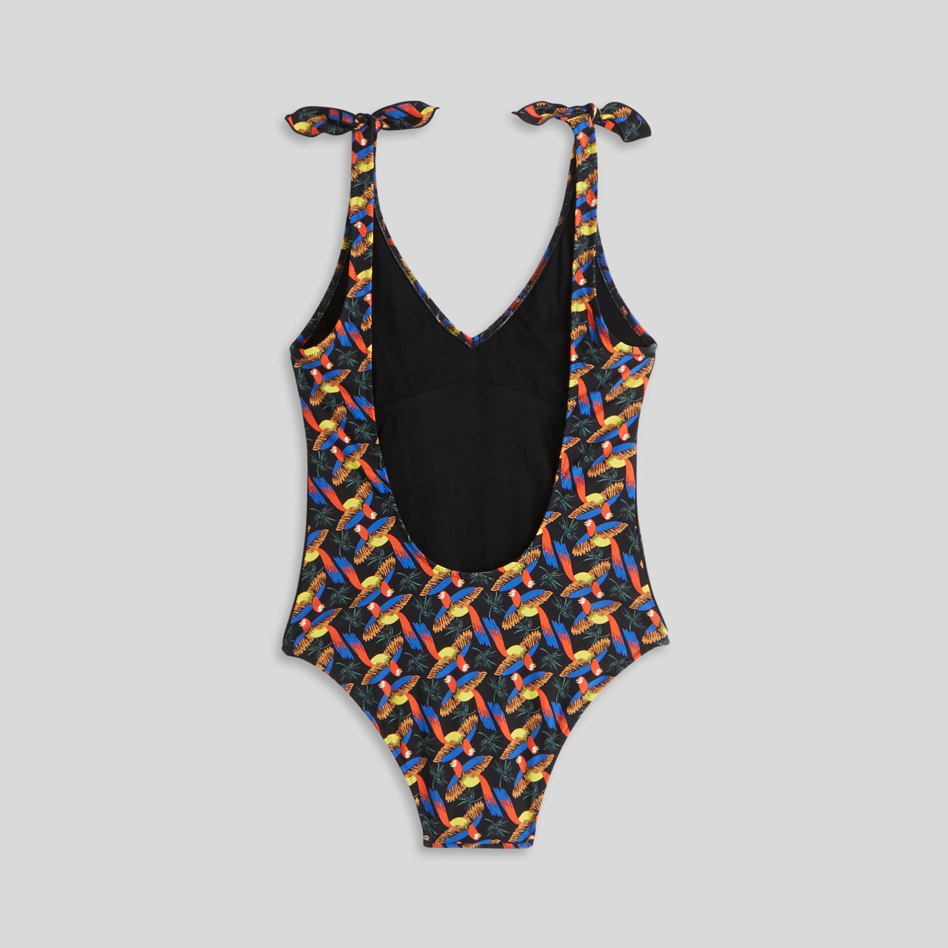 Maillot de bain 1 pièce triangle imprimé perroquets, Noir, large image number 1.0