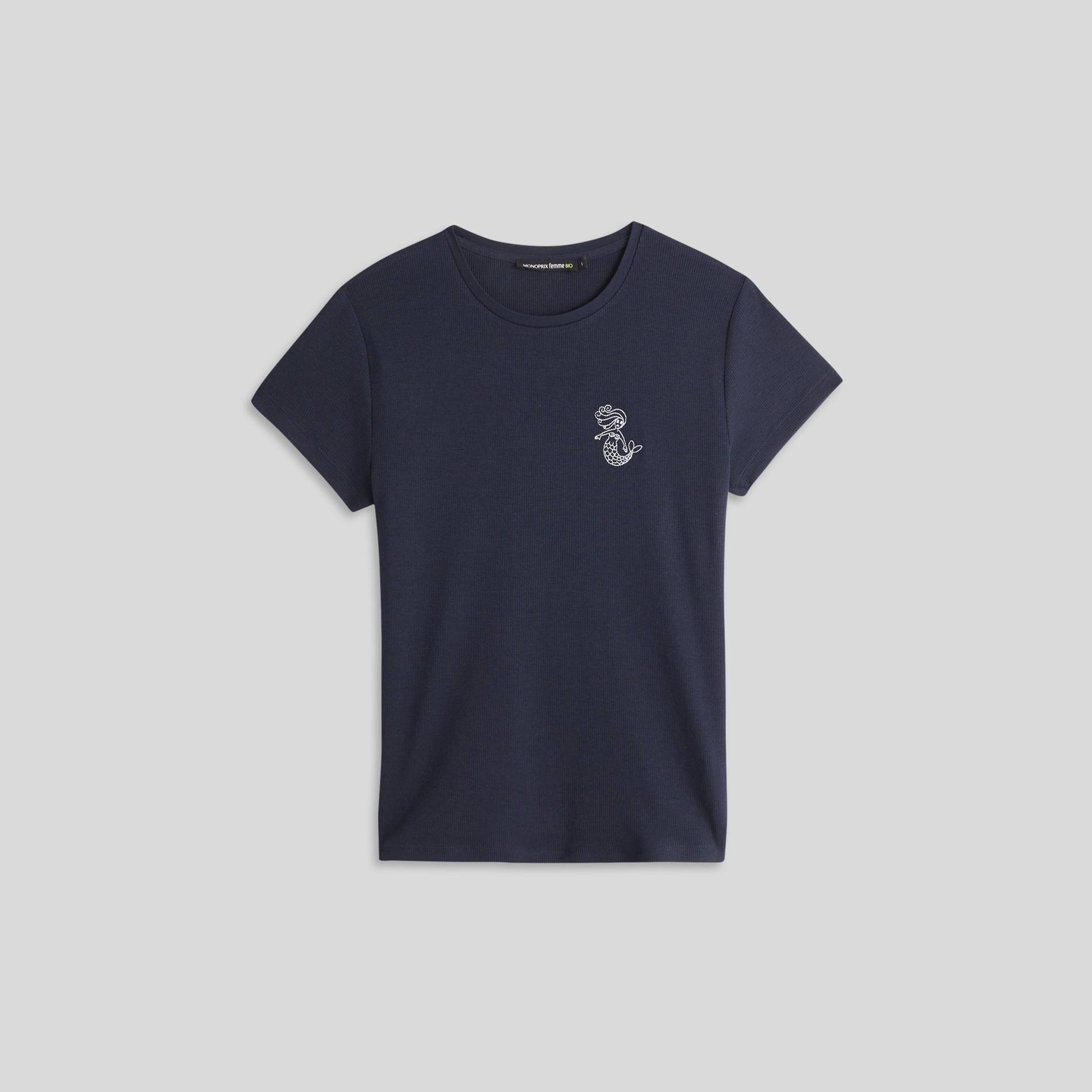 T-shirt manches courtes brodé en coton BIO, Bleu marine, large image number 0