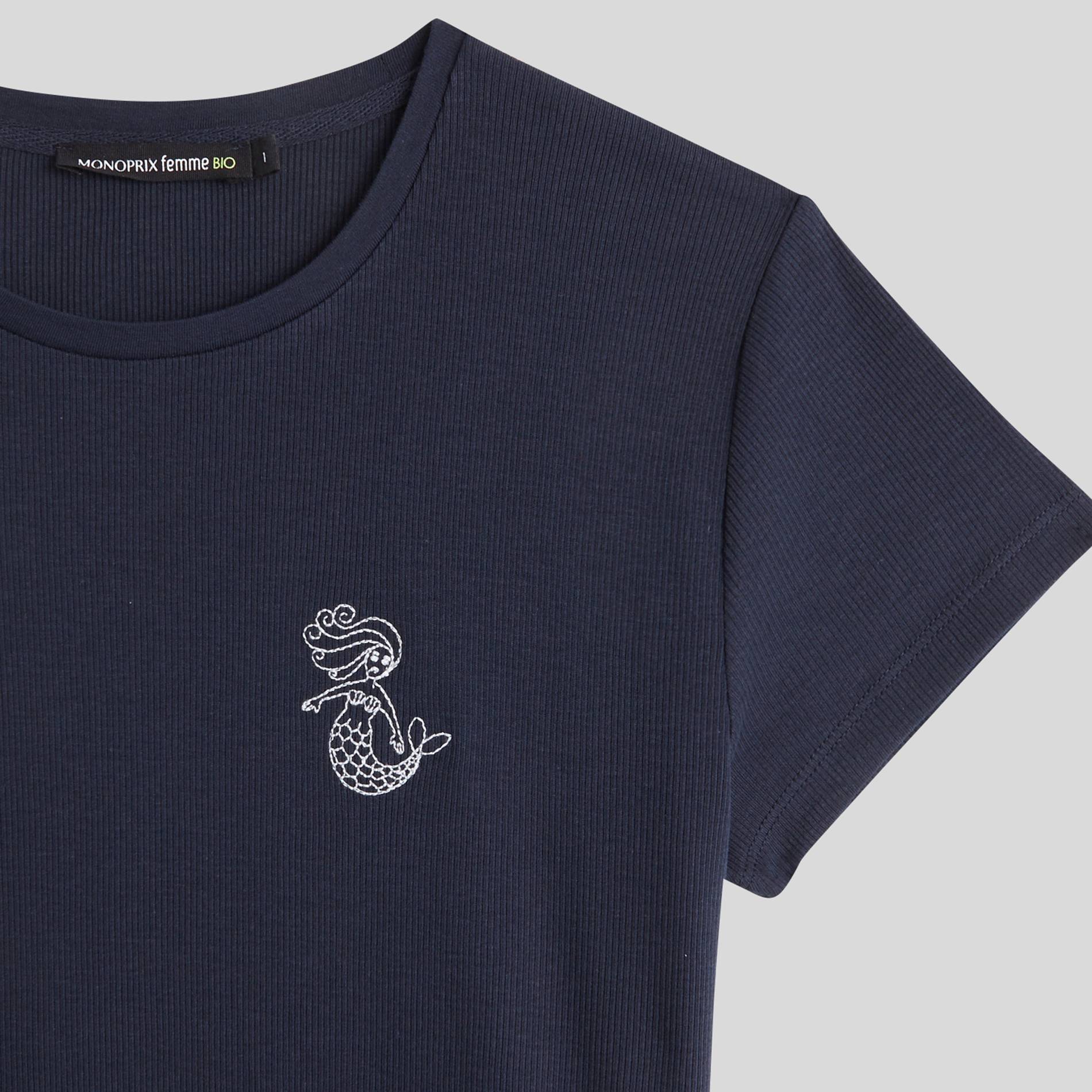 T-shirt manches courtes brodé en coton BIO, Bleu marine, large image number 2