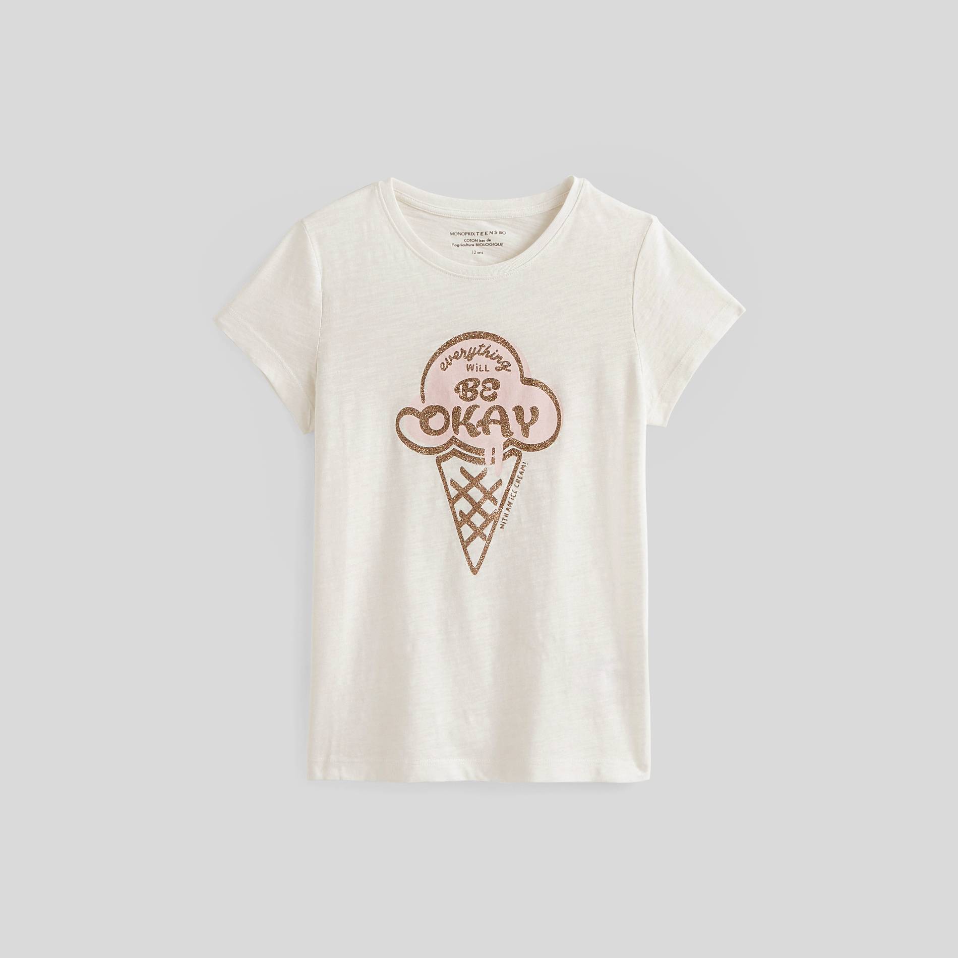 T-shirt manches courtes imprimé en coton BIO, Ecru, large image number 1