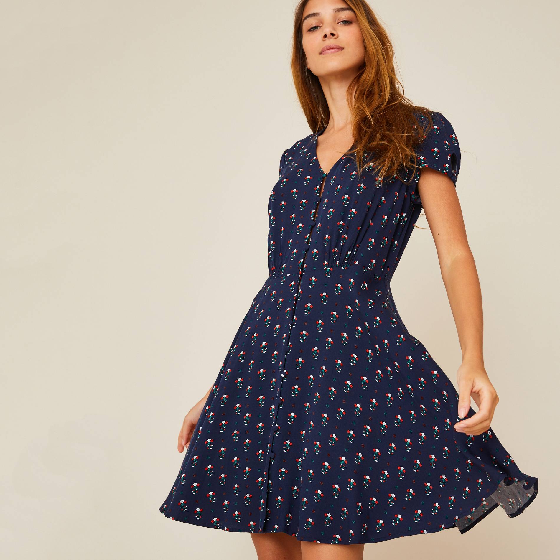 Robe courte boutonnée imprimé floral, Bleu marine, large image number 0