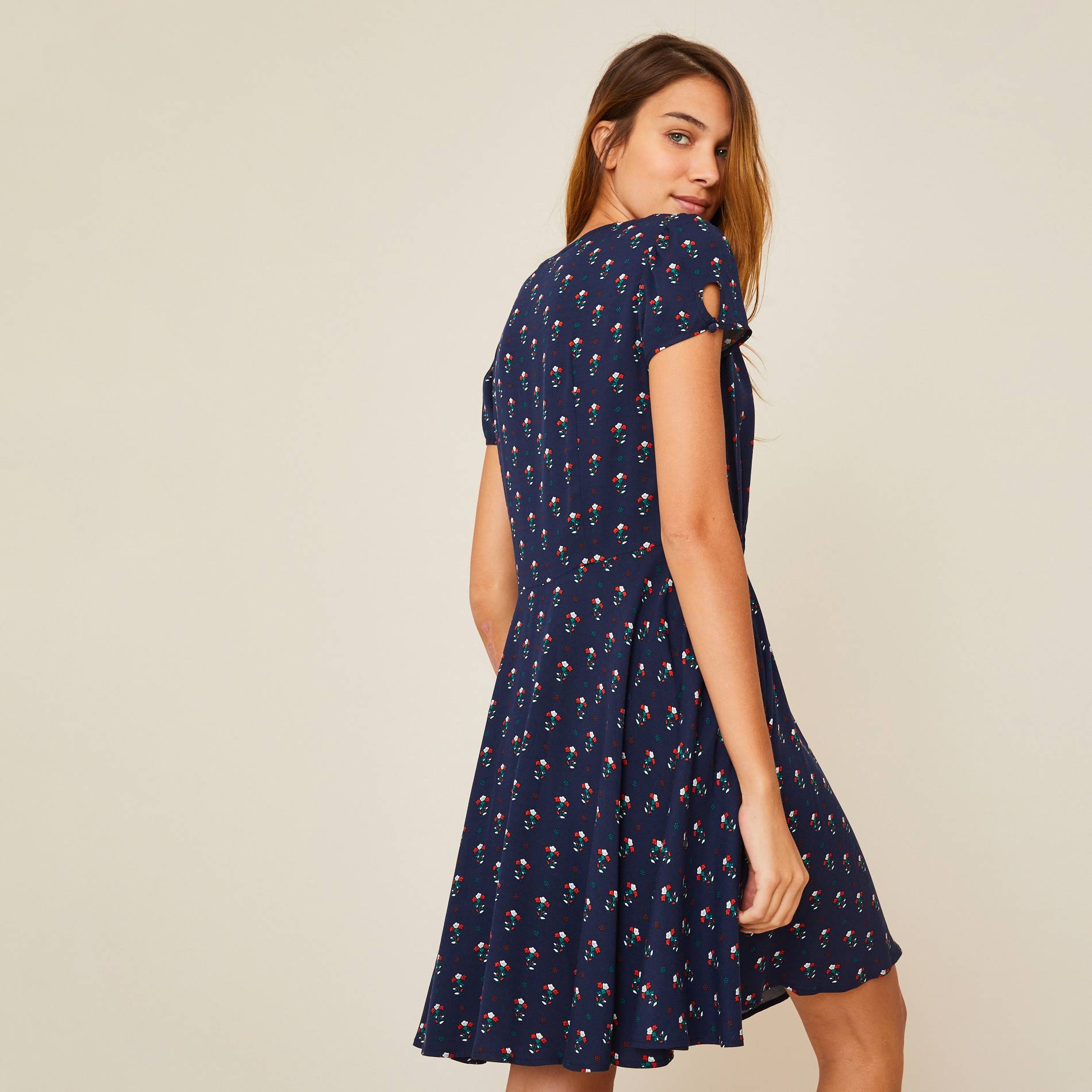 Robe courte boutonnée imprimé floral, Bleu marine, large image number 1.0