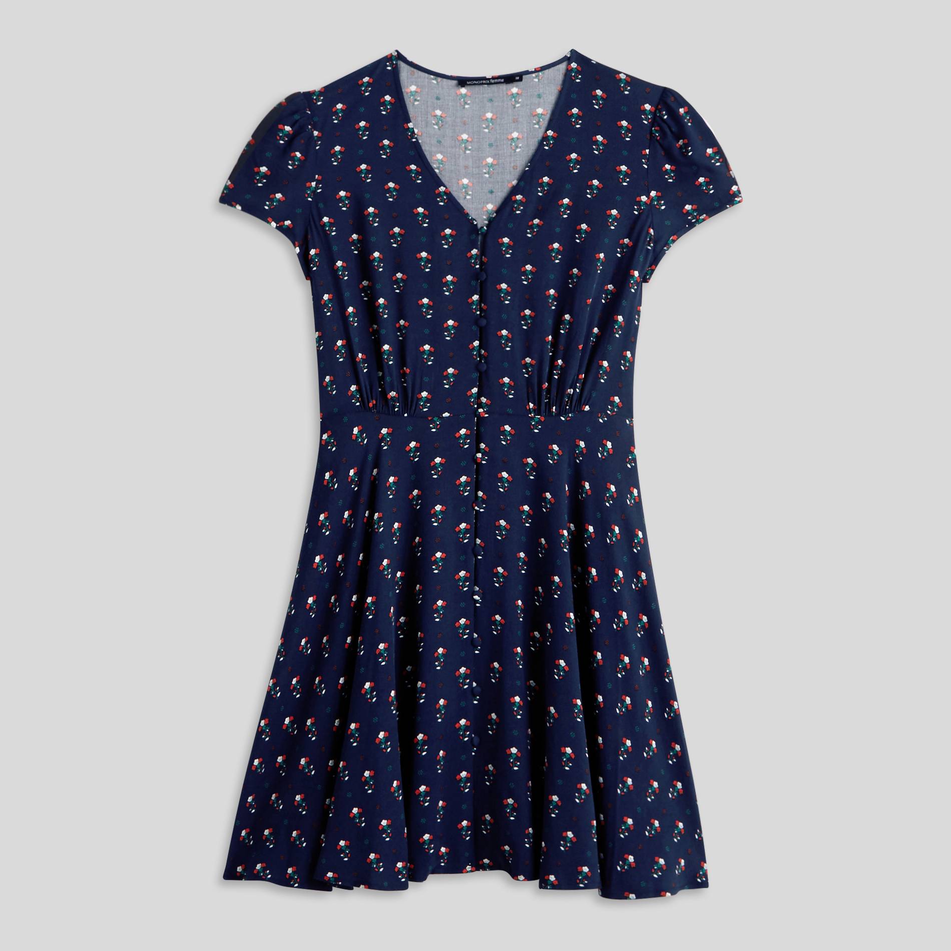 Robe courte boutonnée imprimé floral, Bleu marine, large image number 2