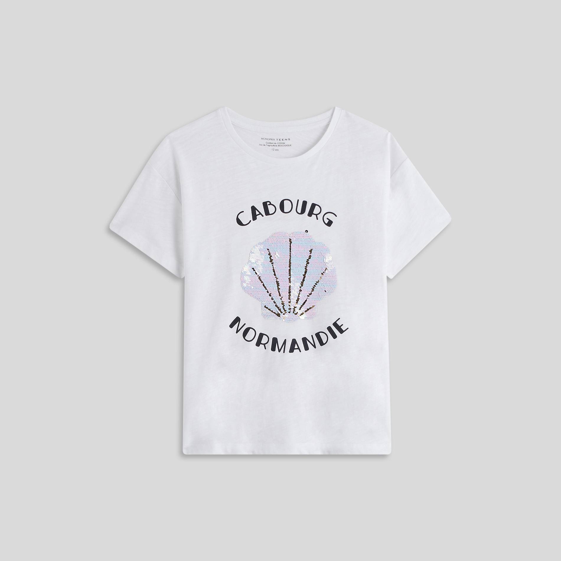 T-shirt manches courtes sequins magiques en coton BIO, Blanc, large image number 0