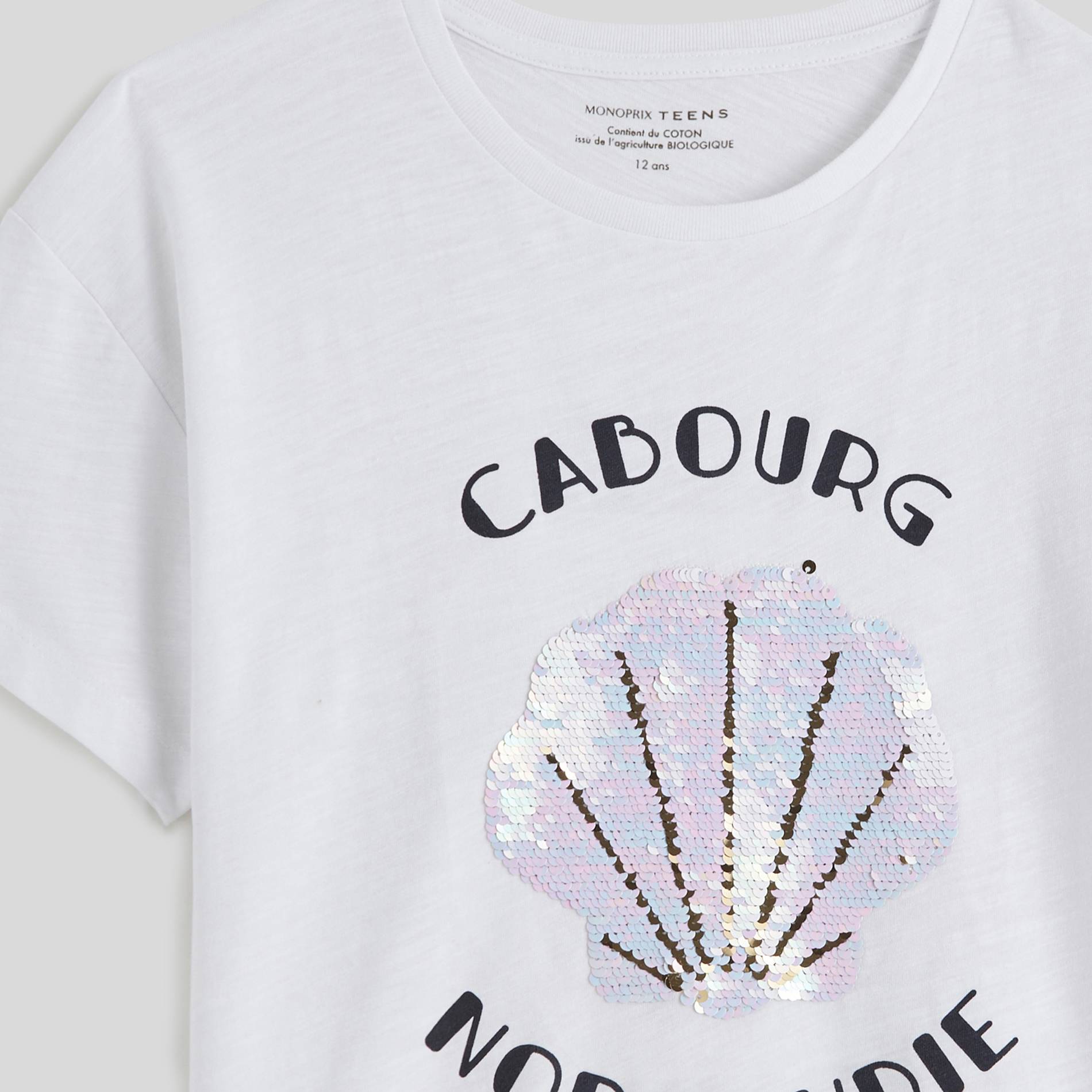 T-shirt manches courtes sequins magiques en coton BIO, Blanc, large image number 2.0
