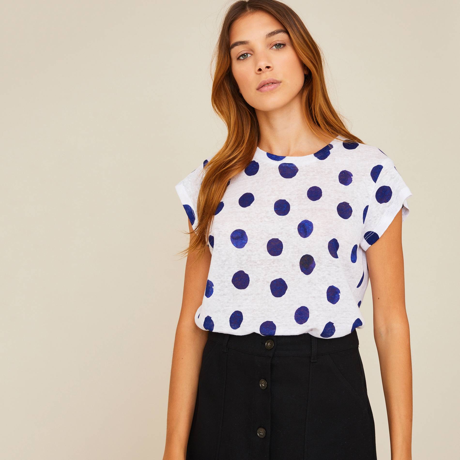 T-shirt imprimé pois en lin, Blanc, large image number 0