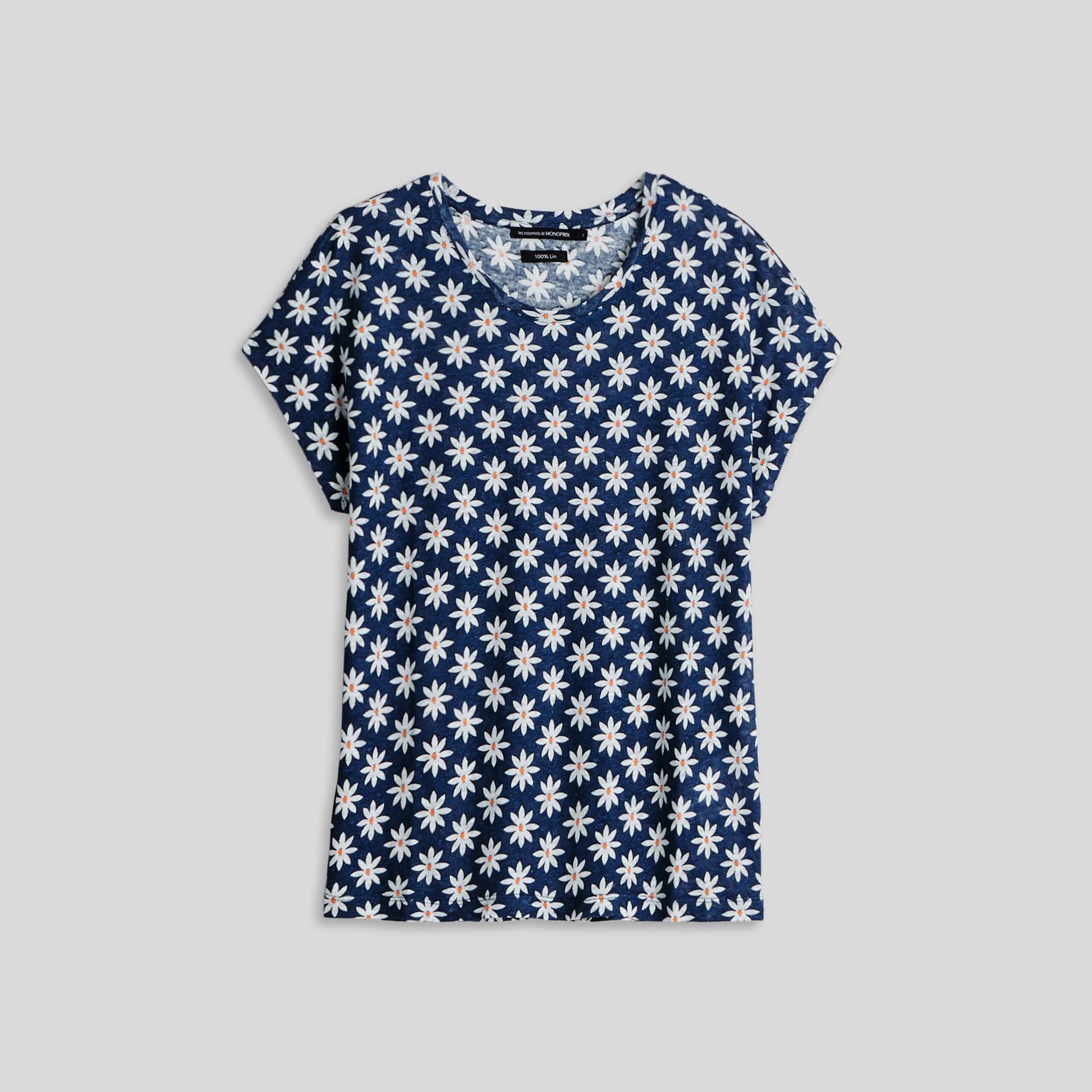 T-shirt manches courtes imprimé en lin, Indigo, large image number 2.0