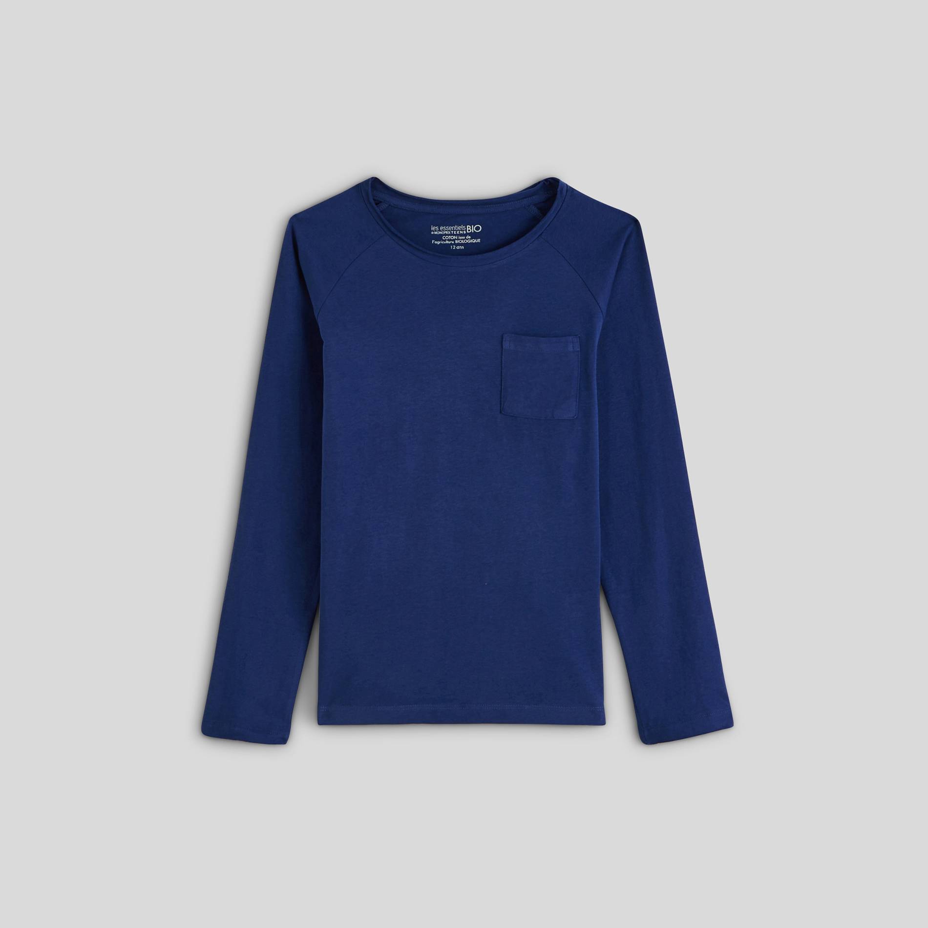 T-shirt manches longues détail poche en coton BIO, Indigo, large image number 0