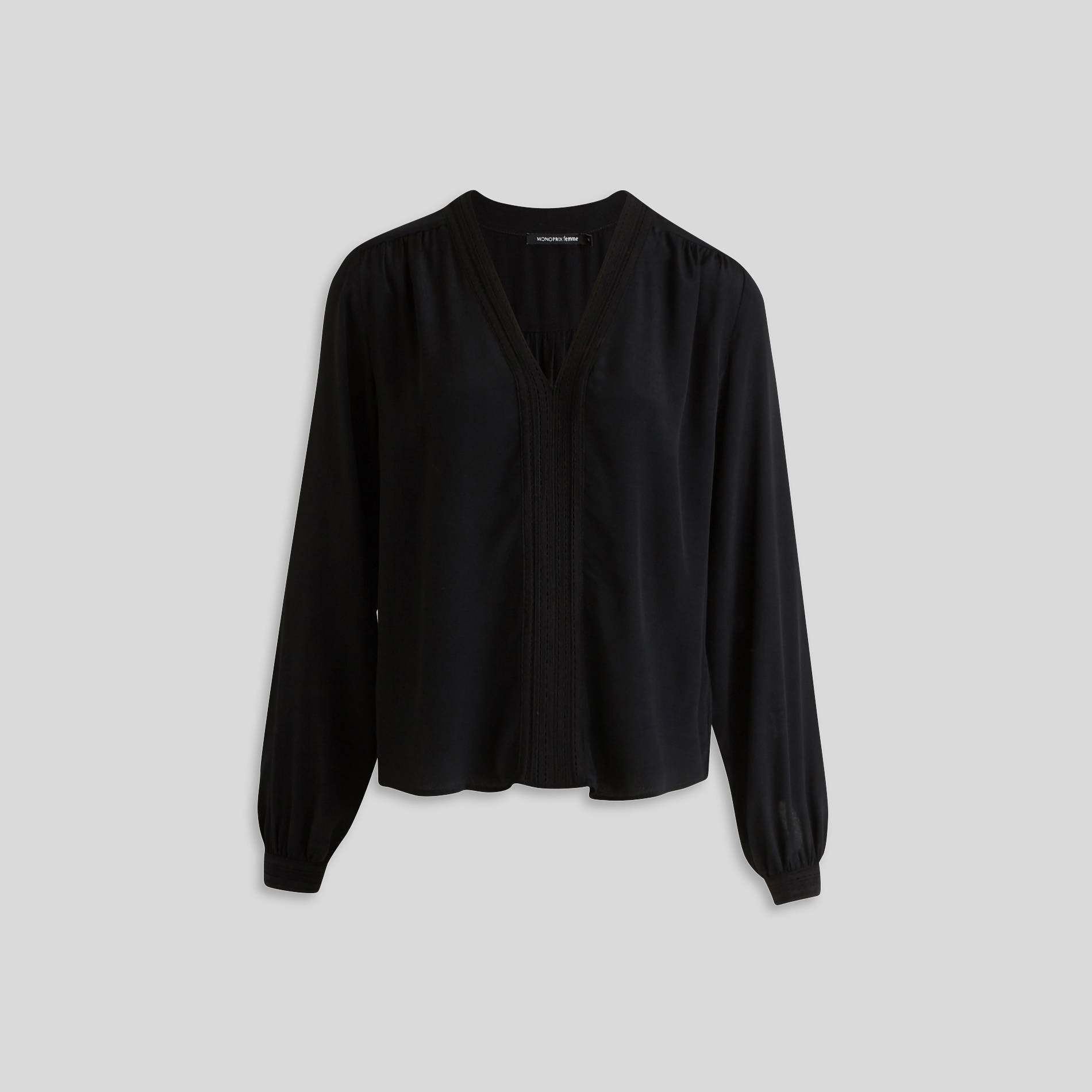 Blouse unie col V avec inserts en dentelle, Noir, large image number 0