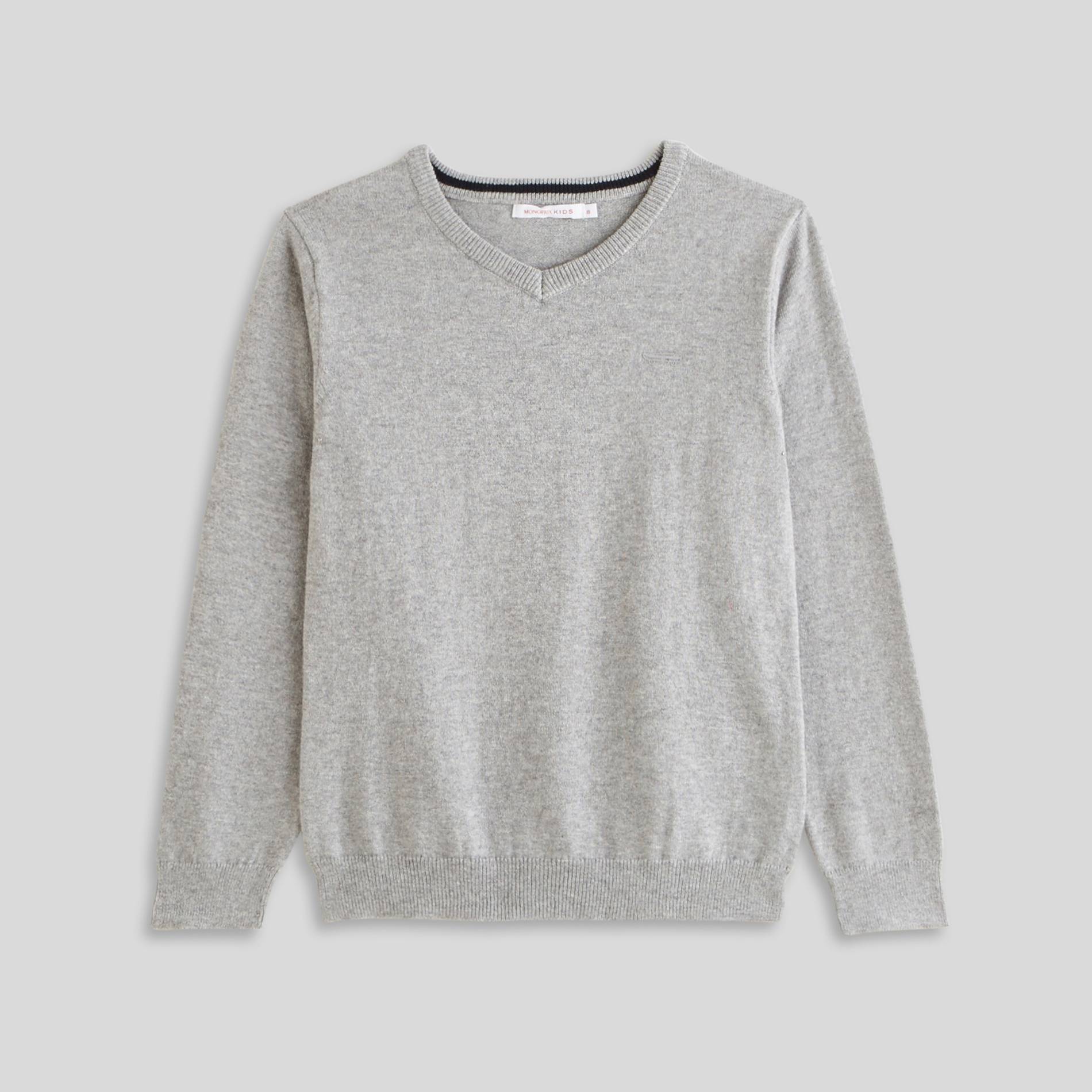 Pull col V en coton et laine, Perle, large image number 0.0