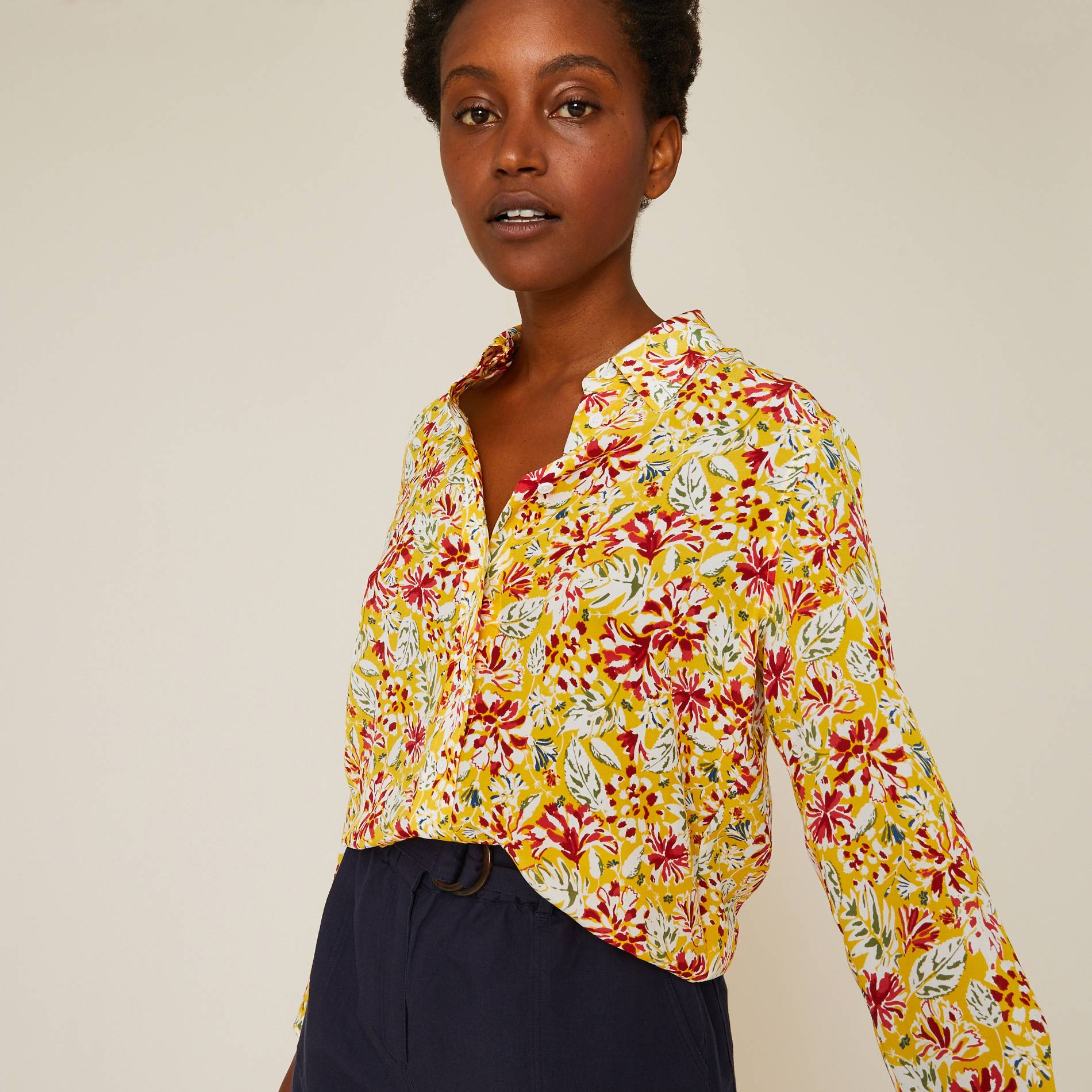 Chemise en soie imprimé floral, Moutarde, large image number 0