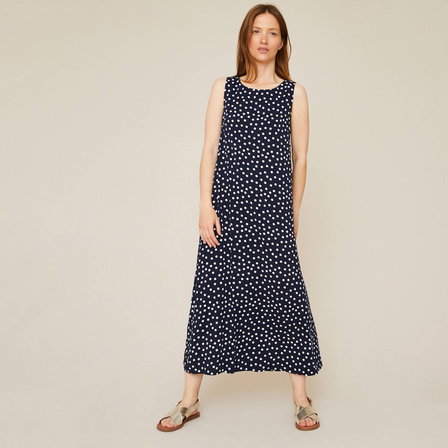 Robe longue sans manches à pois, Bleu marine, large image number 0