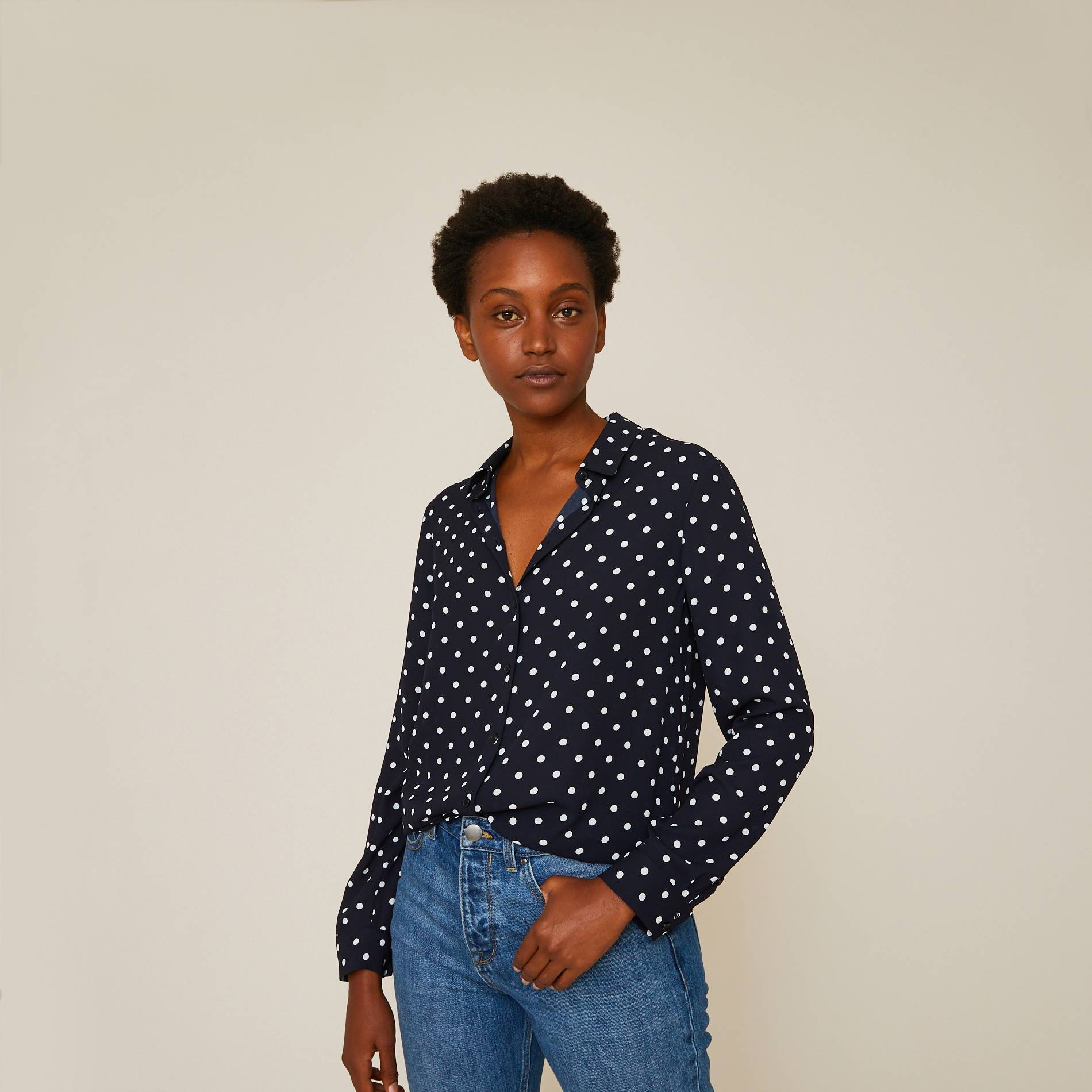 Chemise fluide manches longues à pois, Bleu foncé, large image number 0.0