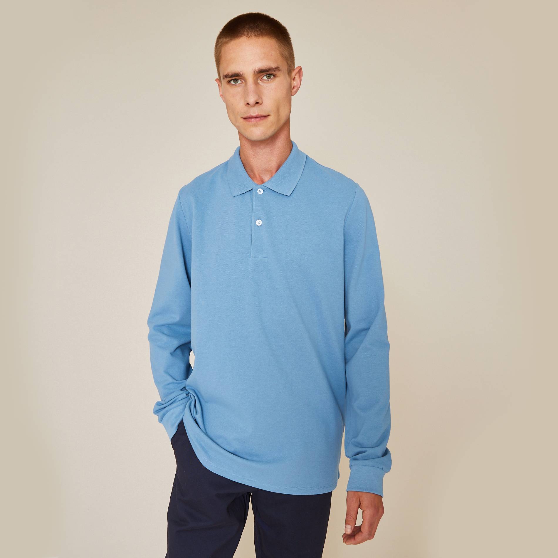Polo piqué manches longues en coton BIO, Bleu gris, large image number 0