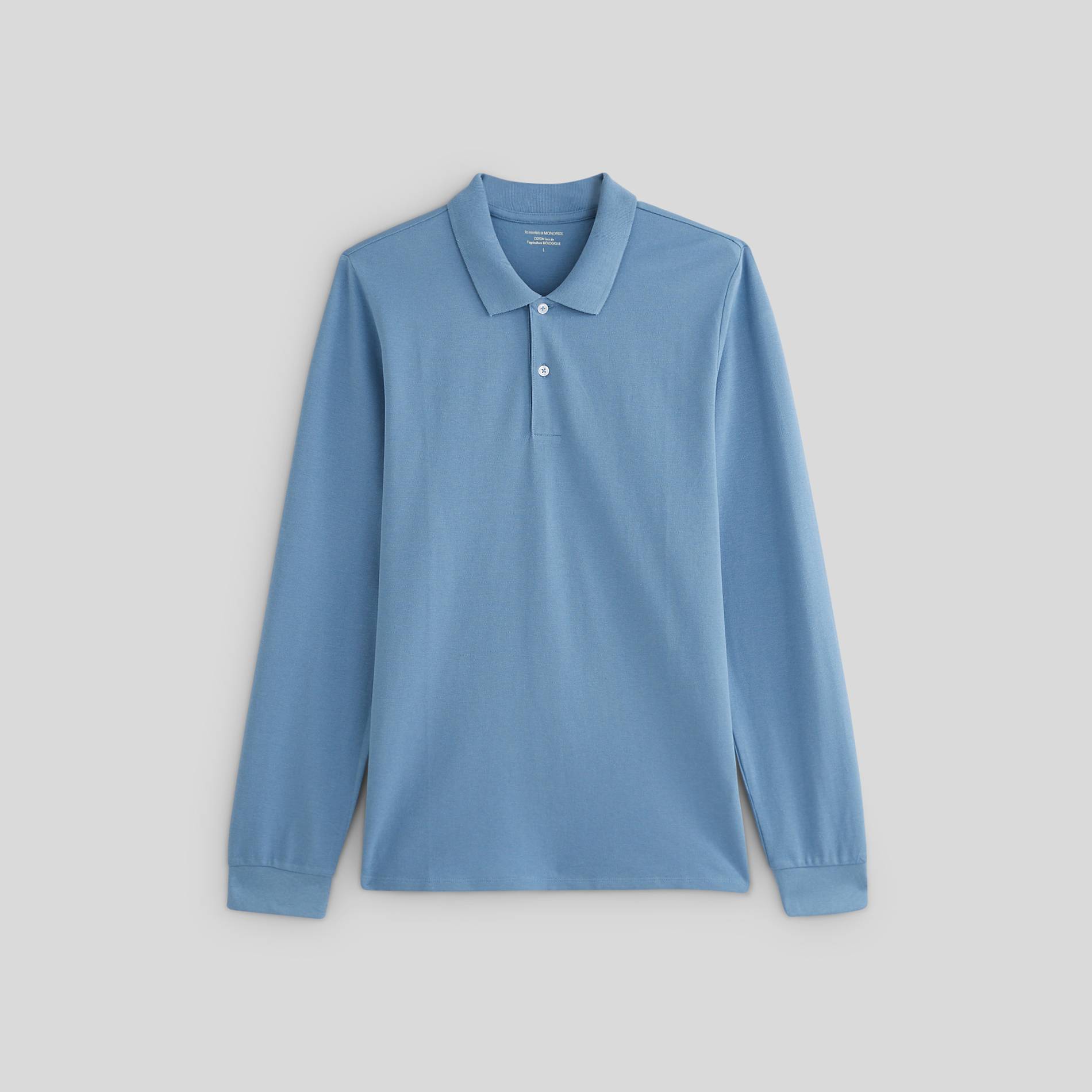 Polo piqué manches longues en coton BIO, Bleu gris, large image number 2.0