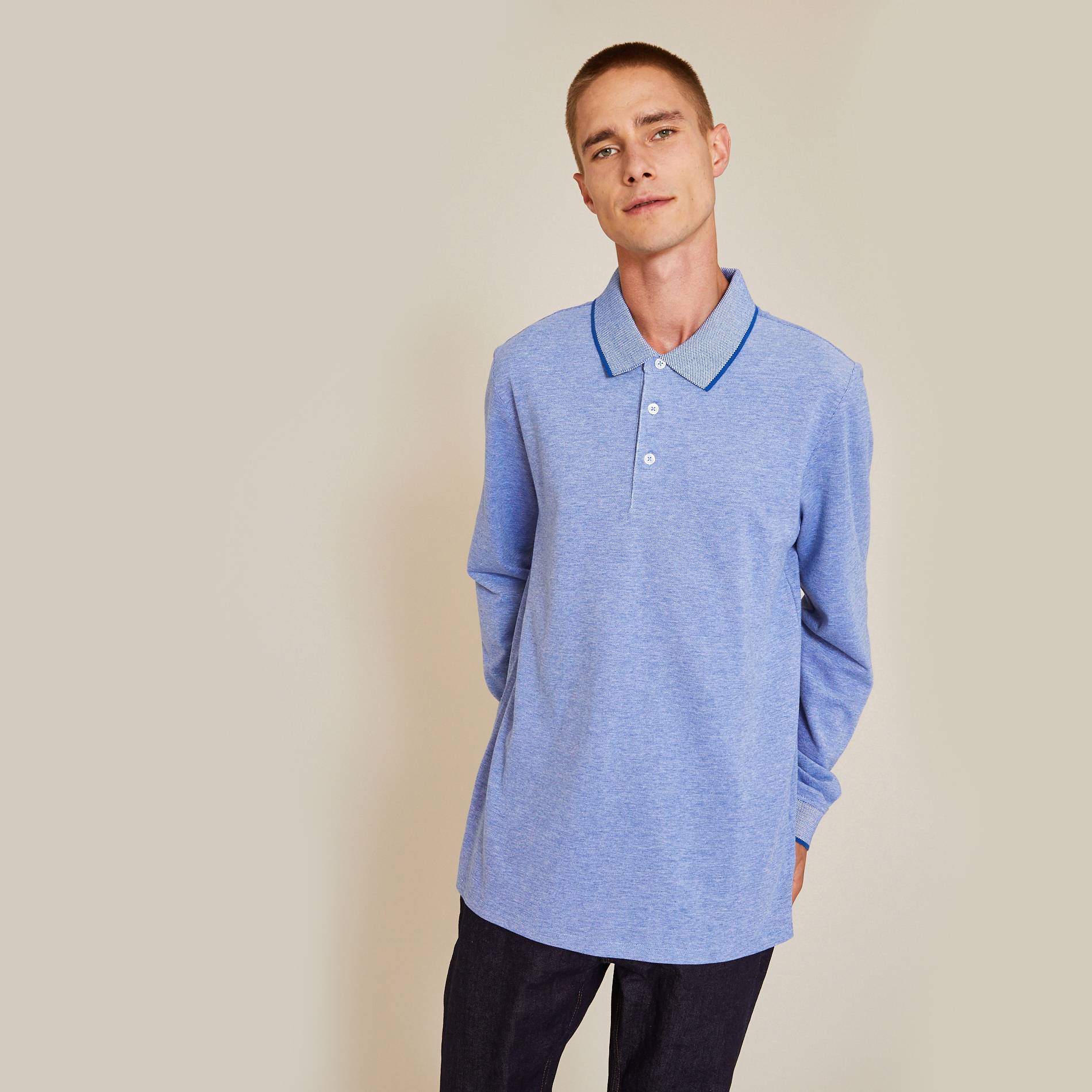 Polo manches longues en coton BIO, Bleu, large image number 0.0