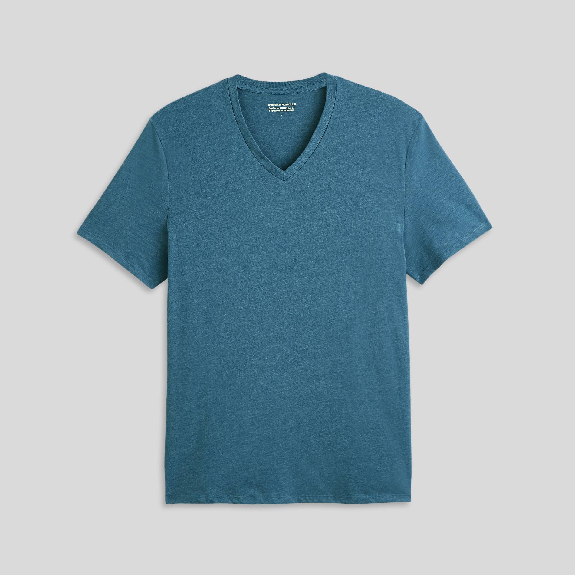 T-shirt manches courtes col v contenant du coton BIO, Bleu canard, large image number 2.0
