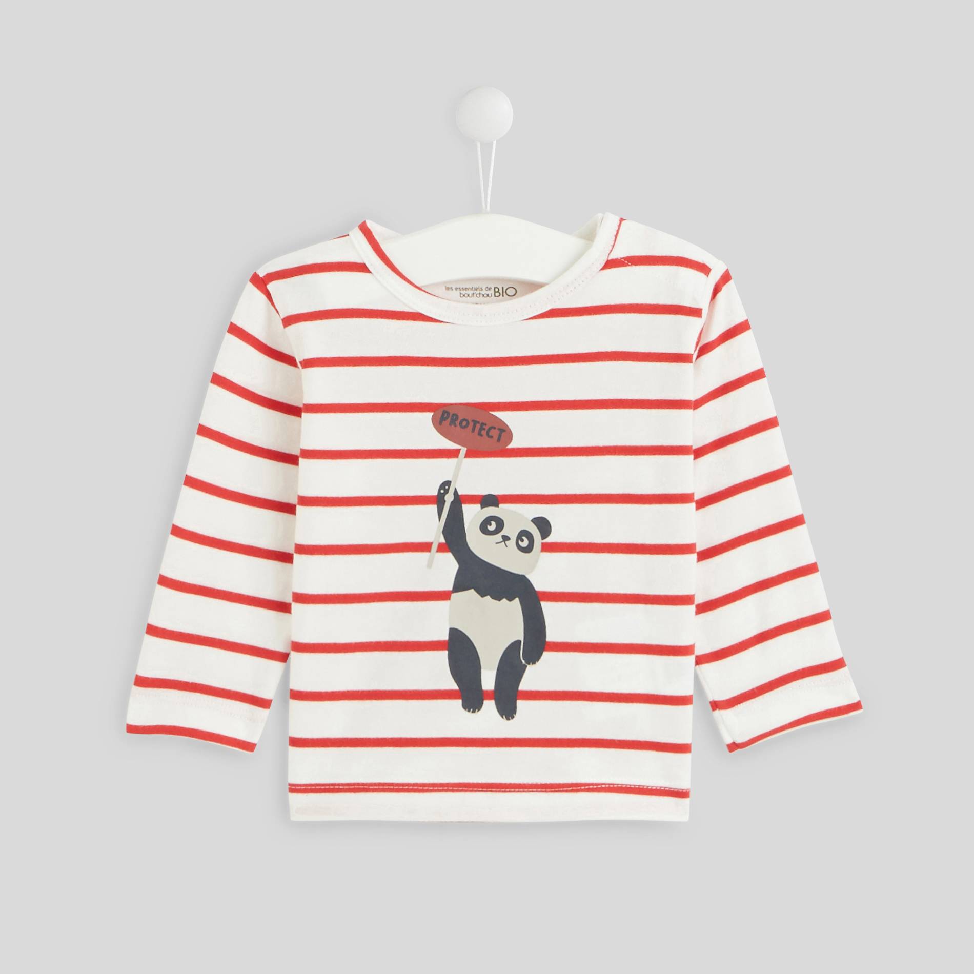 T-shirt rayé avec print manches longues en coton BIO, Cerise, large image number 0