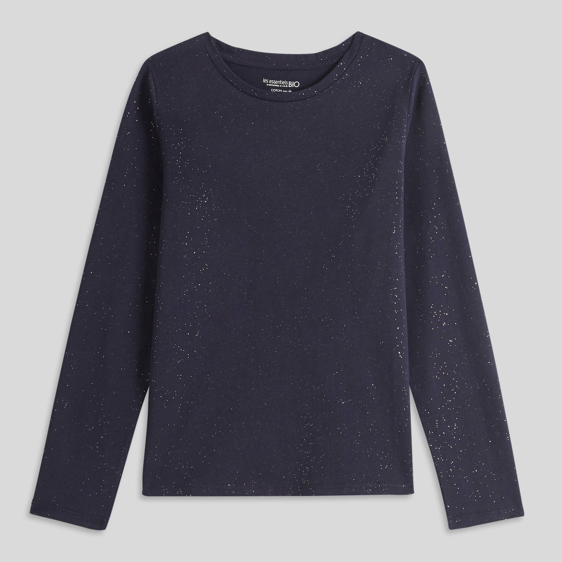 T-shirt manches longues pailleté en coton BIO, Bleu marine, large image number 0