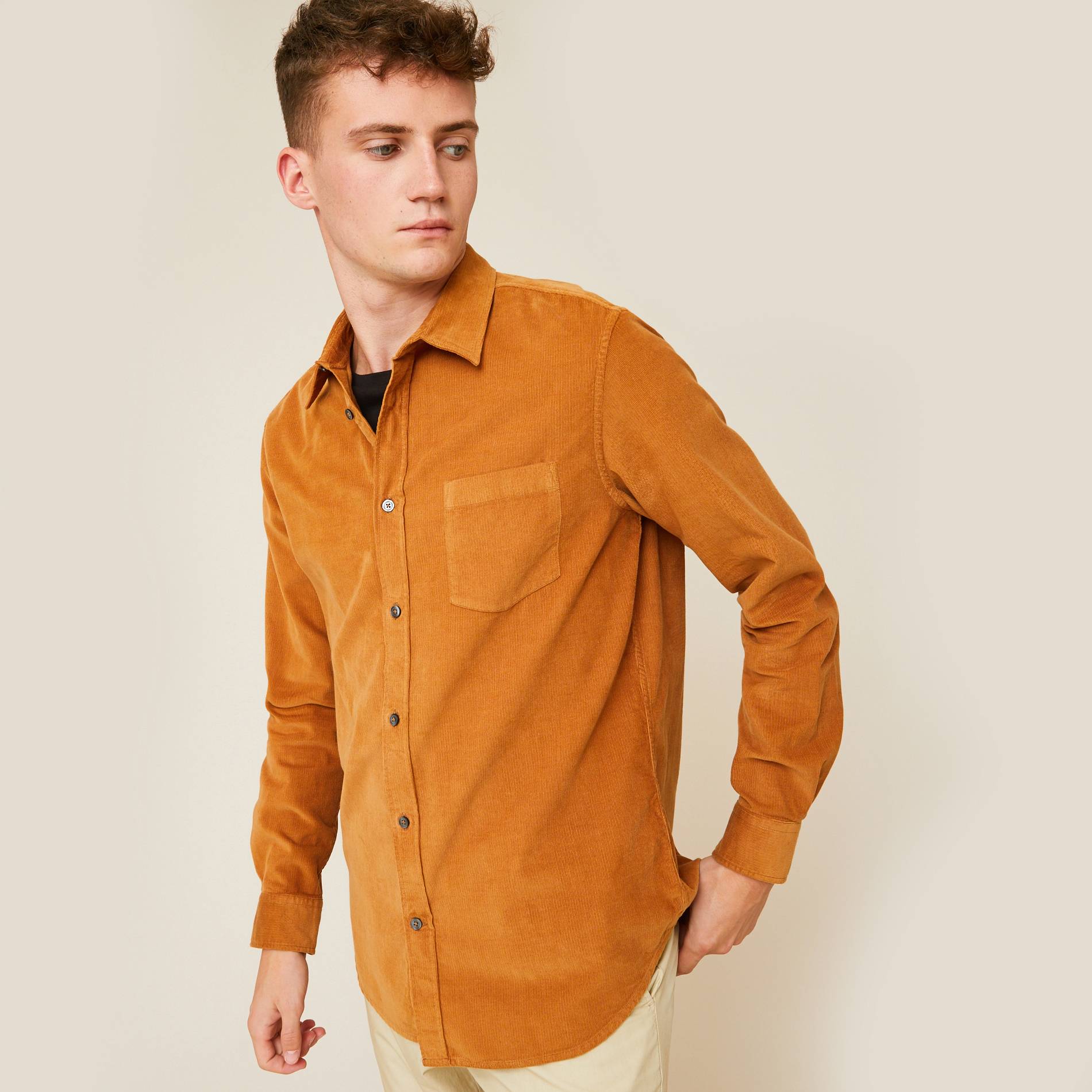 Chemise velours coupe regular en coton BIO, Beige, large image number 0