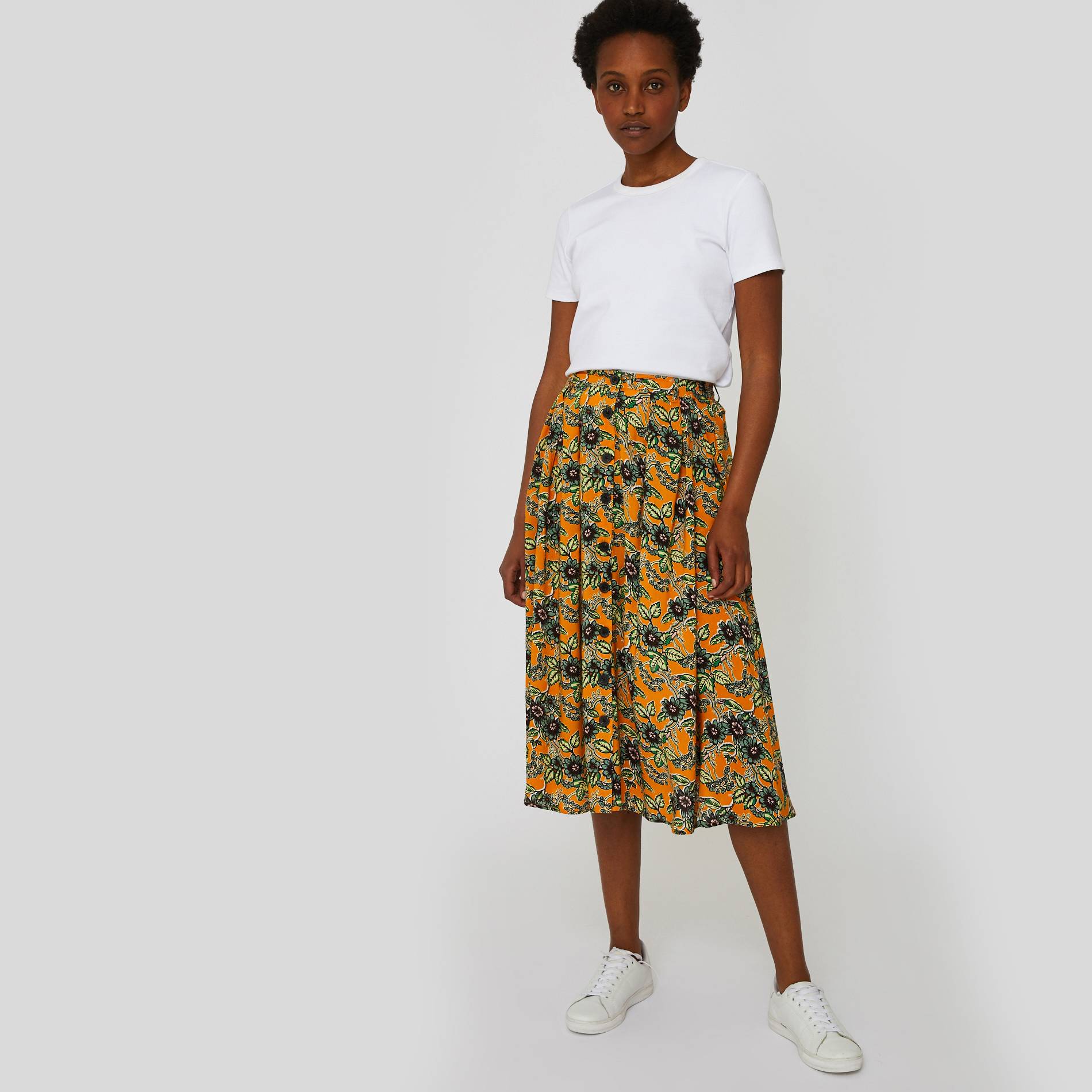 Jupe midi imprimée voile de viscose, Safran, large image number 0.0