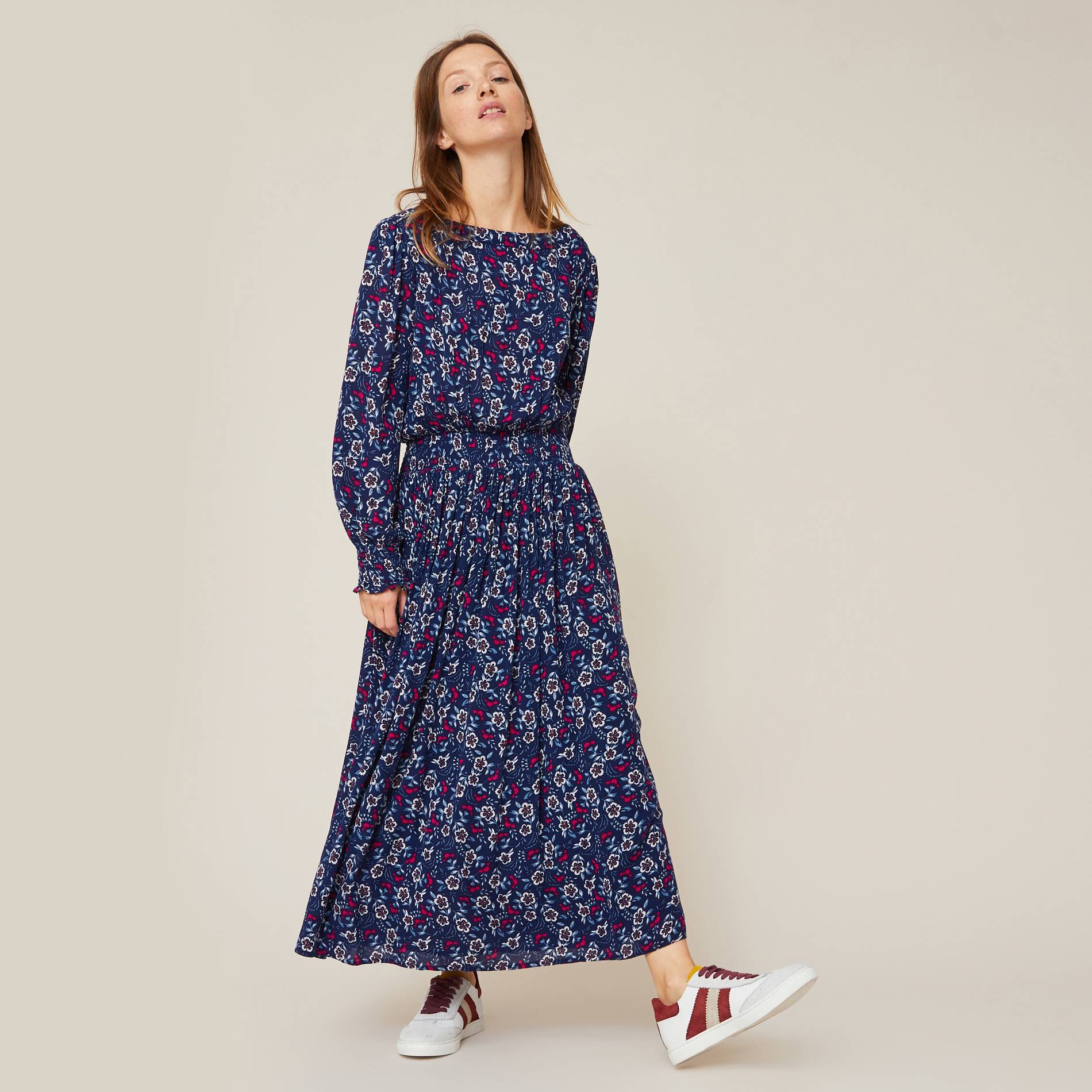 Robe longue smockée à la taille imprimé floral, Bleu canard, large image number 0