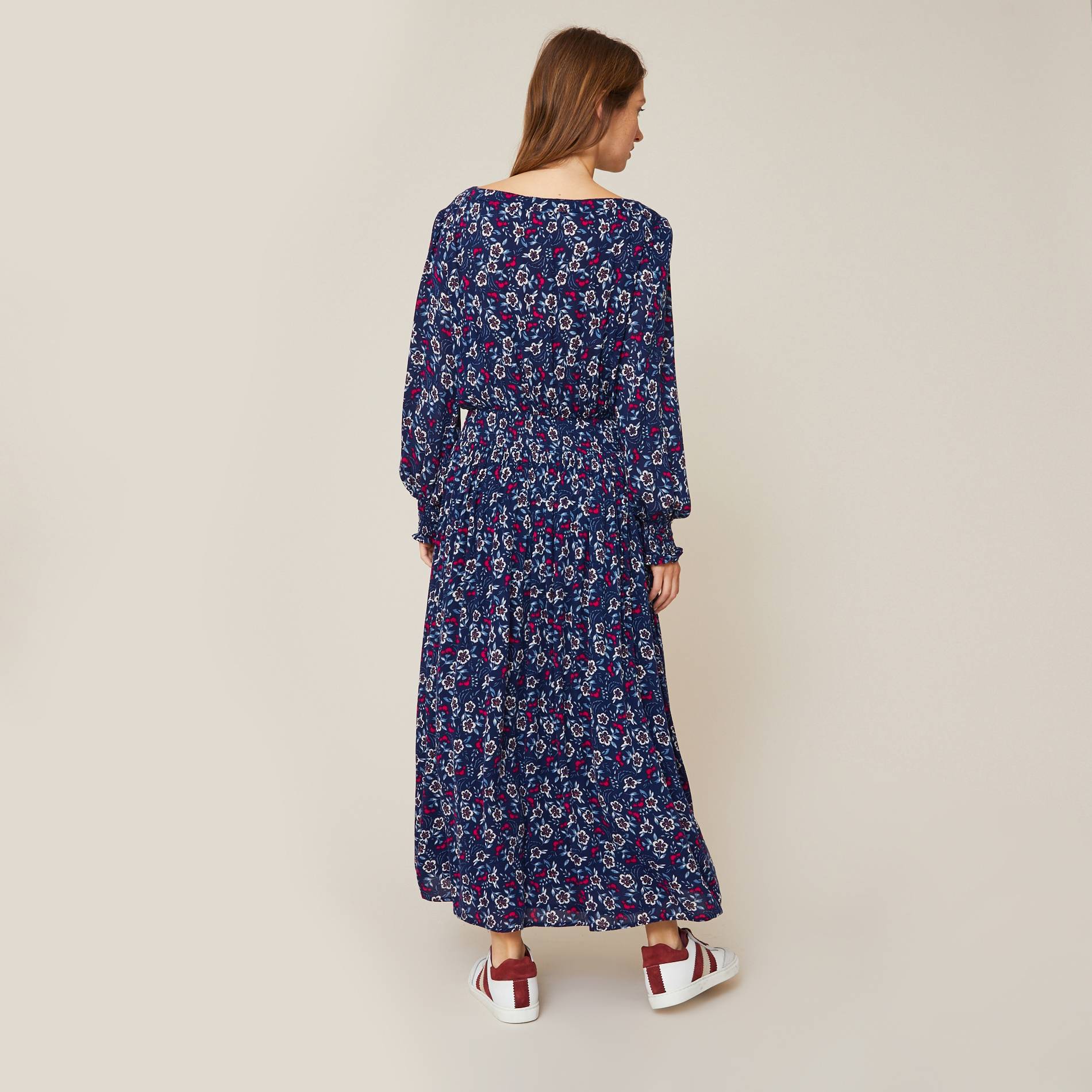 Robe longue smockée à la taille imprimé floral, Bleu canard, large image number 1