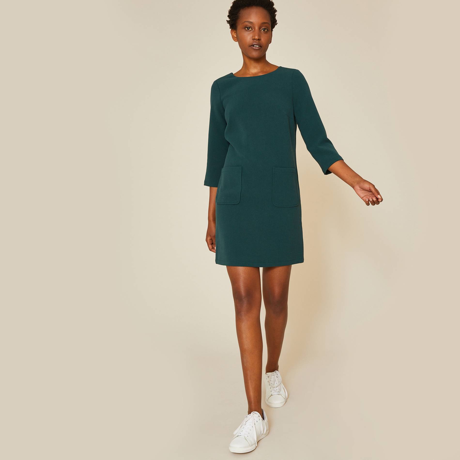 Robe courte dos col V unie, Vert foncé, large image number 0.0