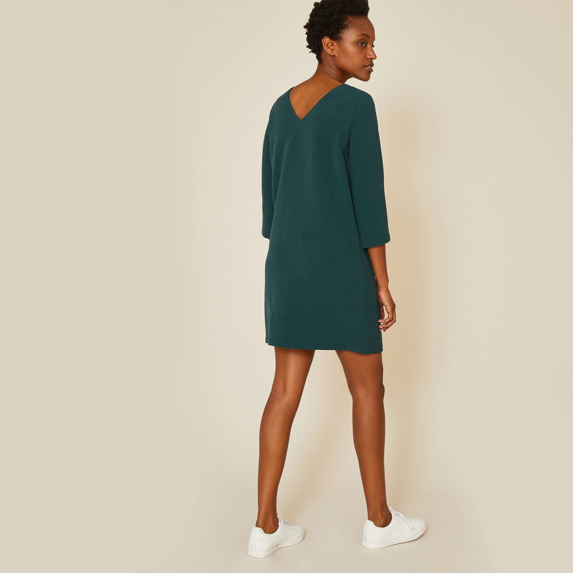 Robe courte dos col V unie, Vert foncé, large image number 1.0