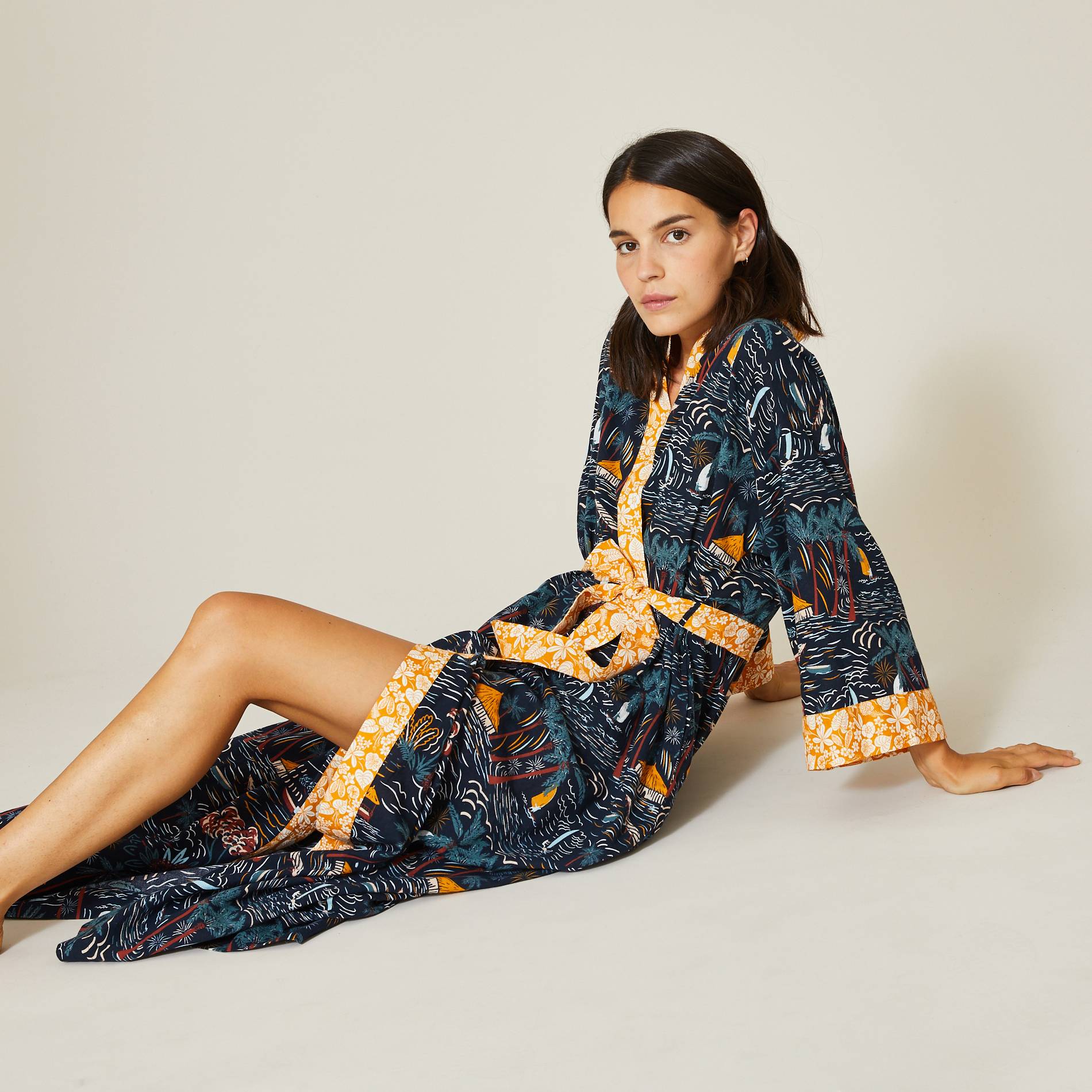 Kimono long imprimé en coton BIO, Bleu marine, large image number 0