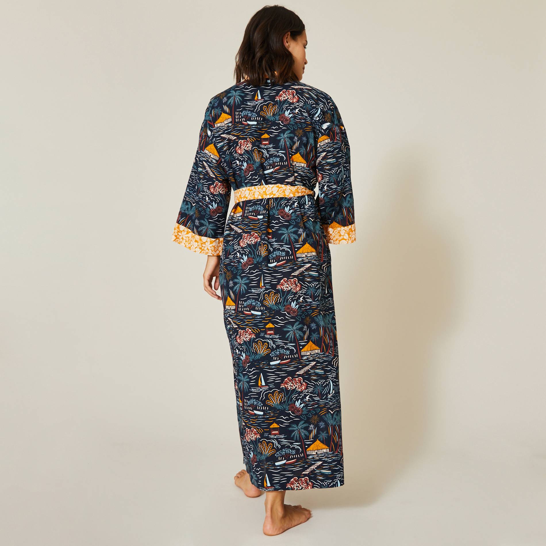 Kimono long imprimé en coton BIO, Bleu marine, large image number 1.0