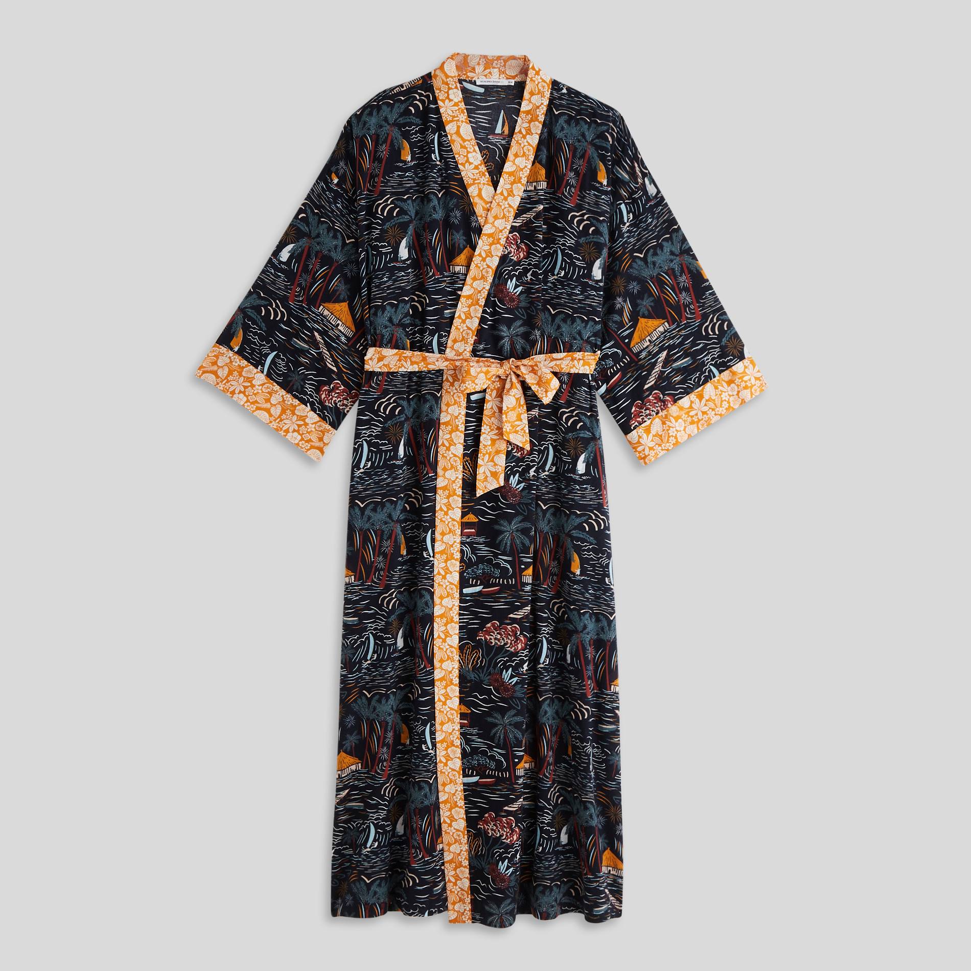 Kimono long imprimé en coton BIO, Bleu marine, large image number 2