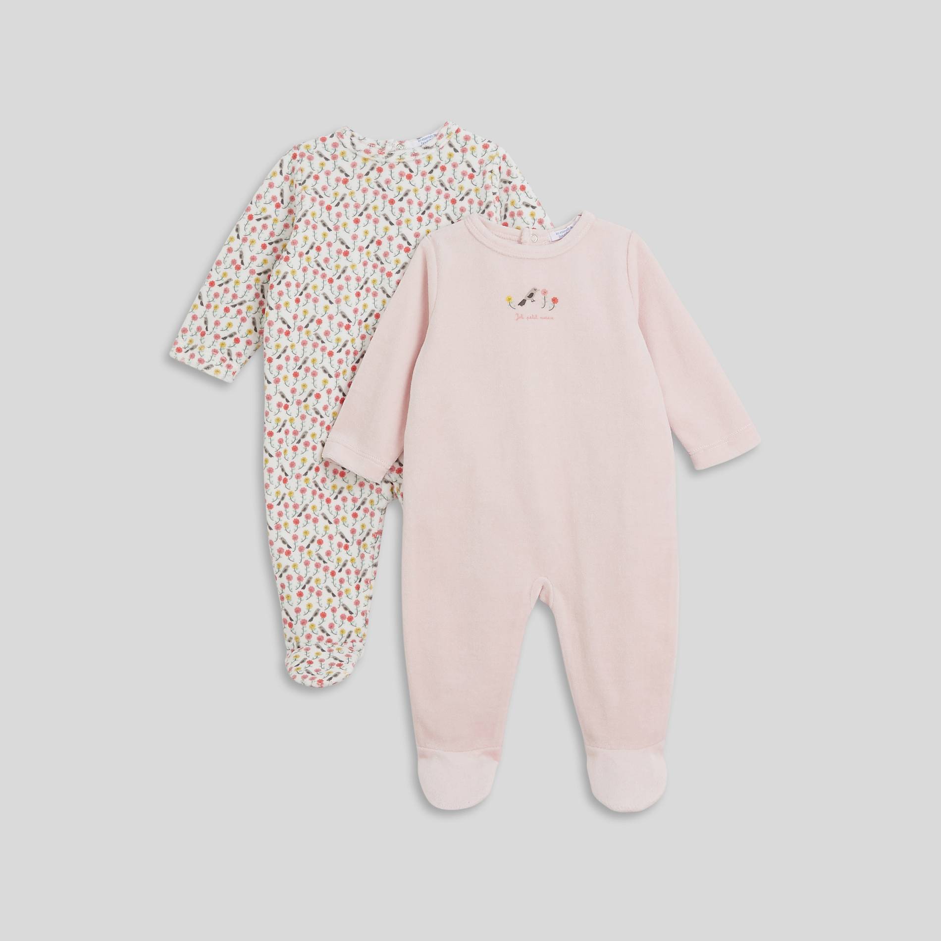 Lot de 2 pyjamas imprimés en velours contenant du coton BIO, Rose pâle, large image number 0