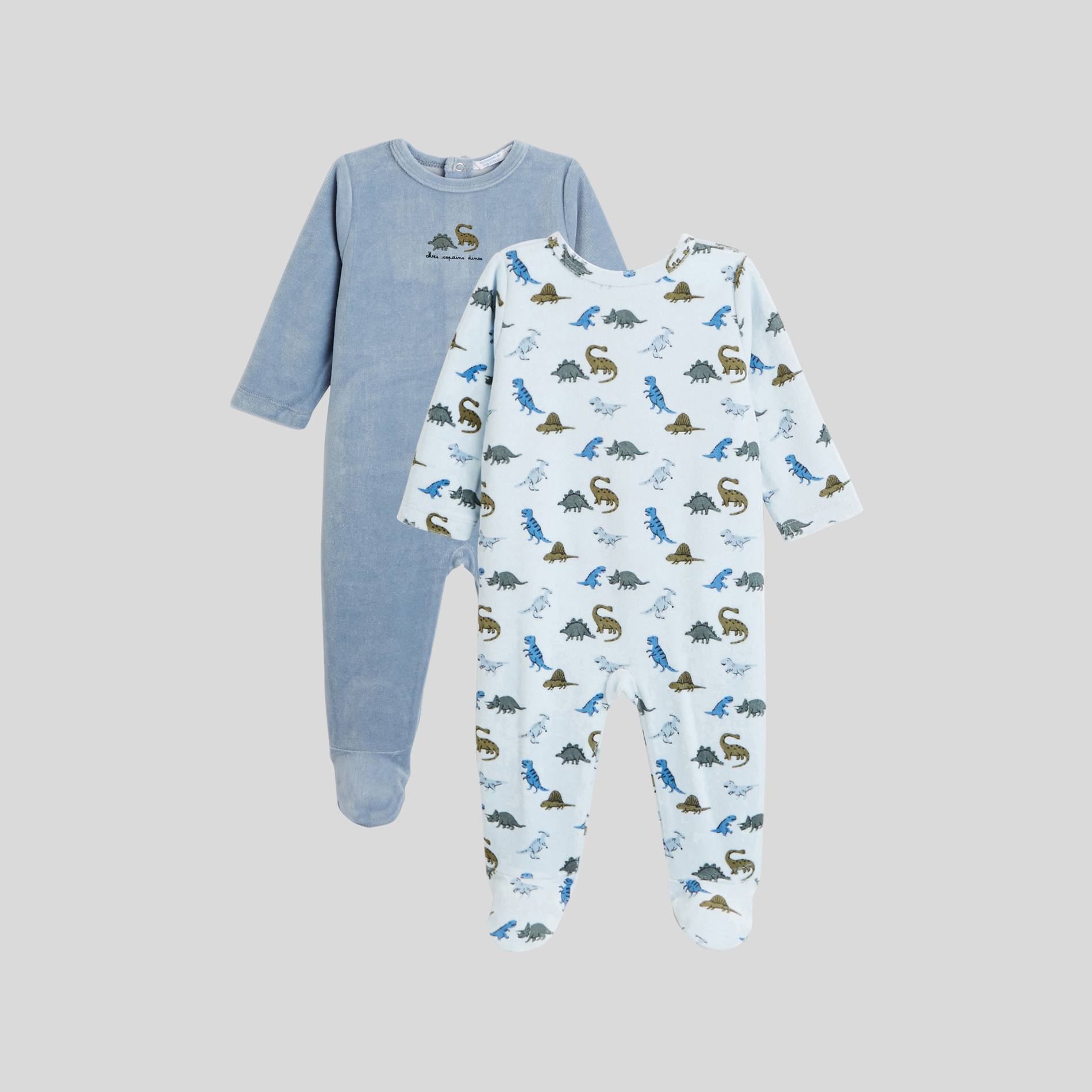 Lot de 2 pyjamas imprimés en velours contenant du coton BIO, Bleu gris, large image number 0.0