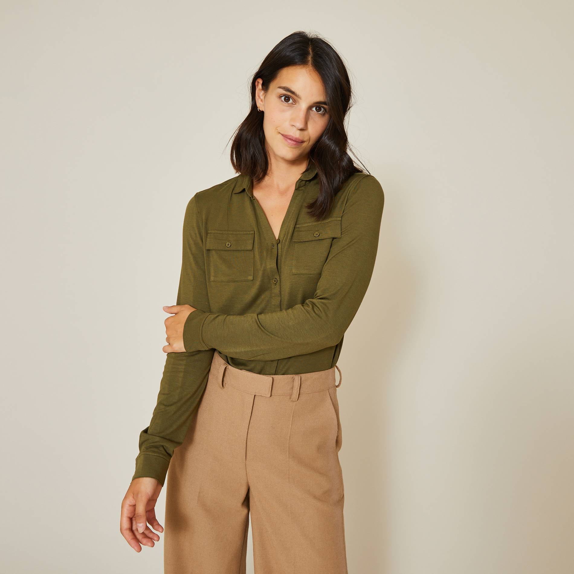 Chemise modal et laine unie, Kaki, large image number 0