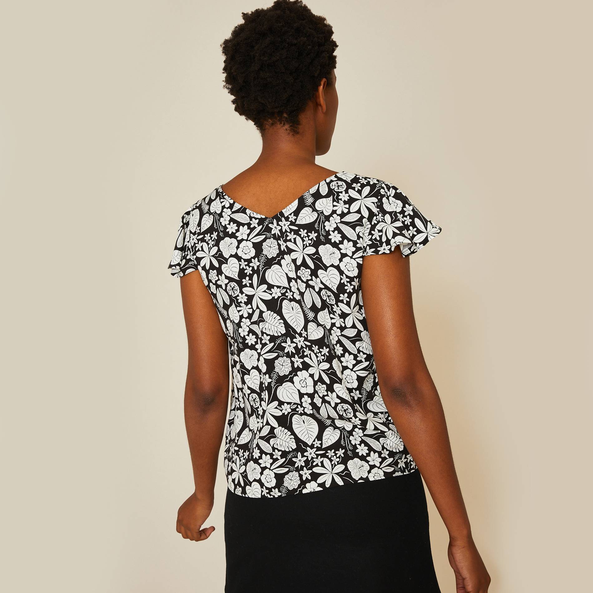 Top col V imprimé floral, Noir, large image number 1