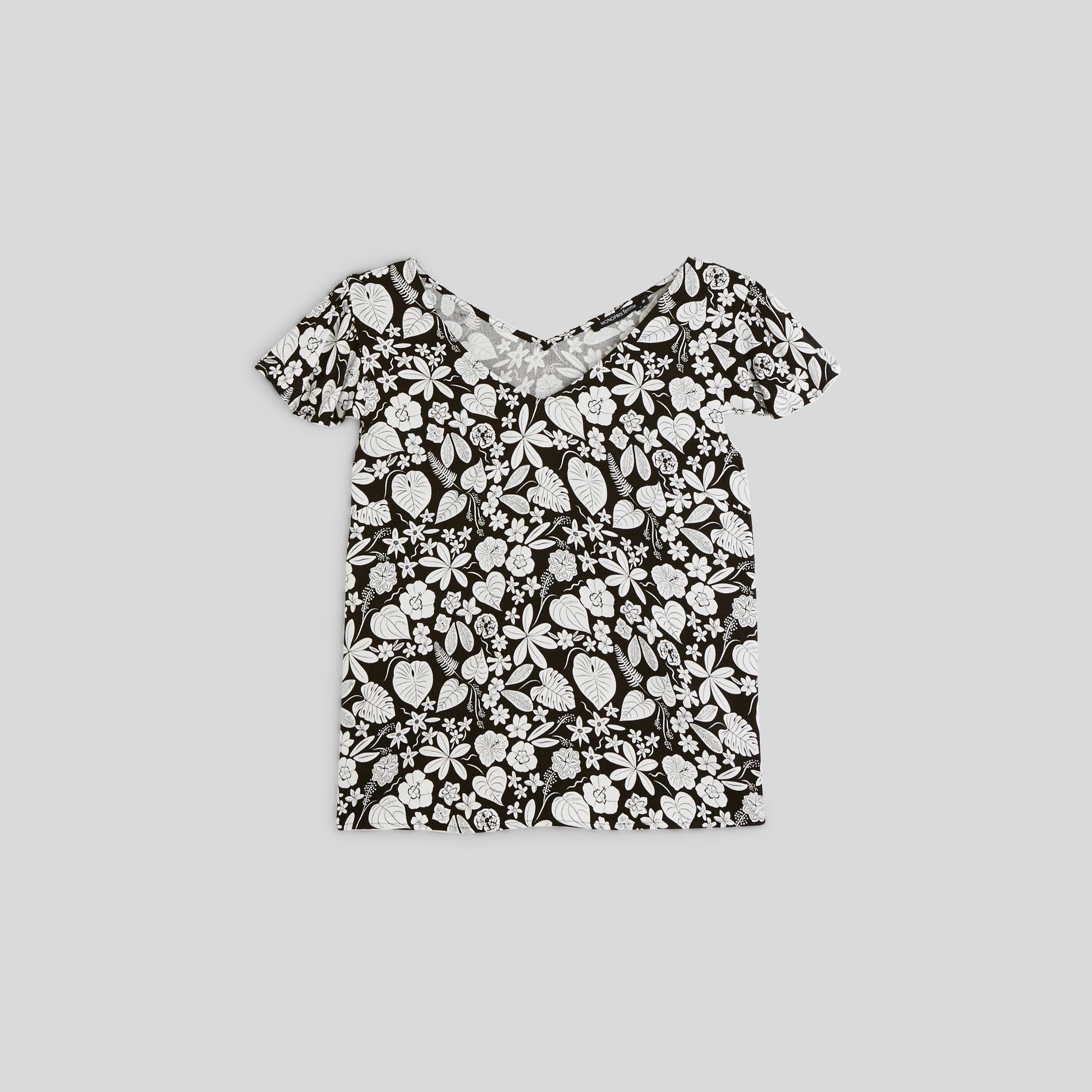 Top col V imprimé floral, Noir, large image number 2