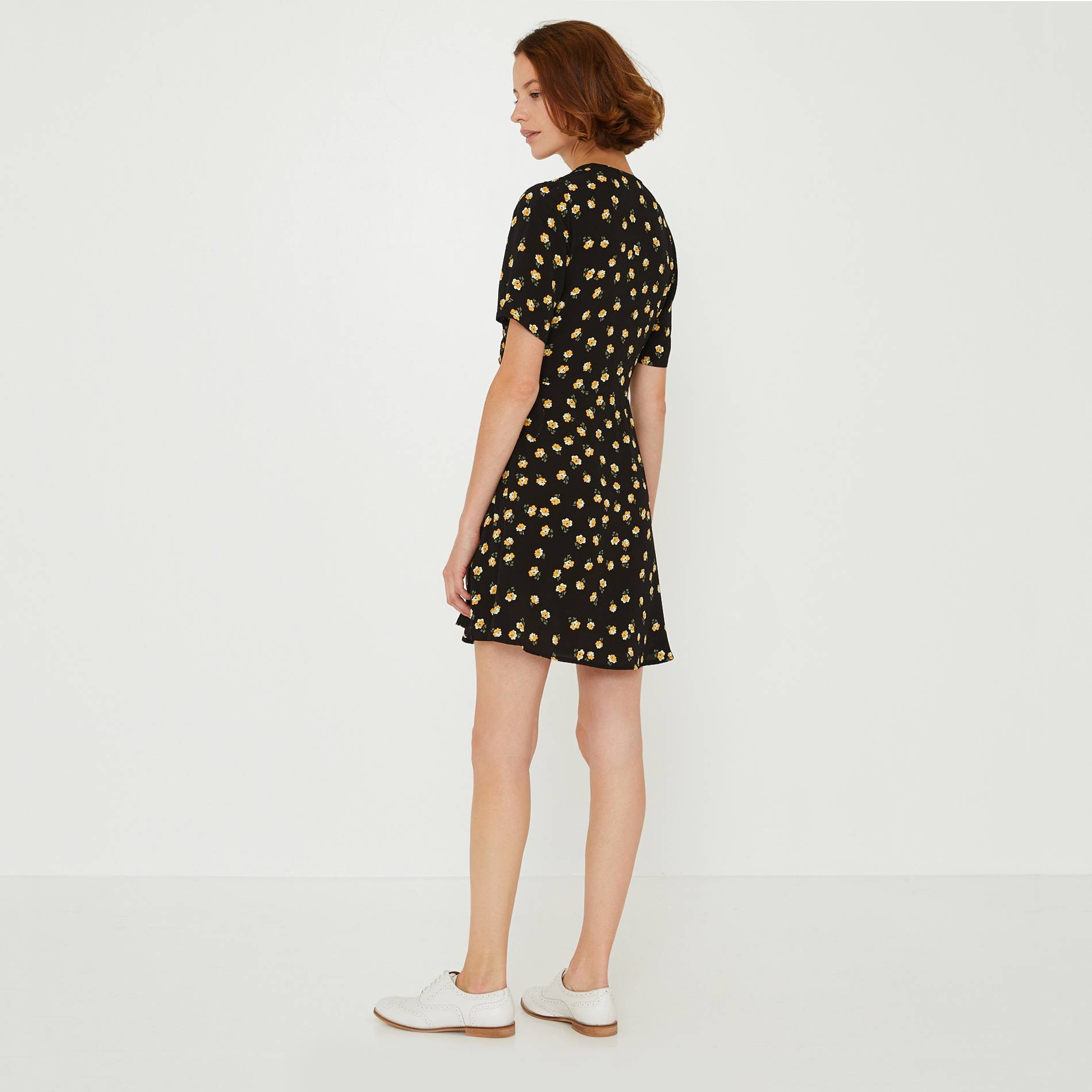 Robe courte cache-coeur imprimé floral, Noir, large image number 1