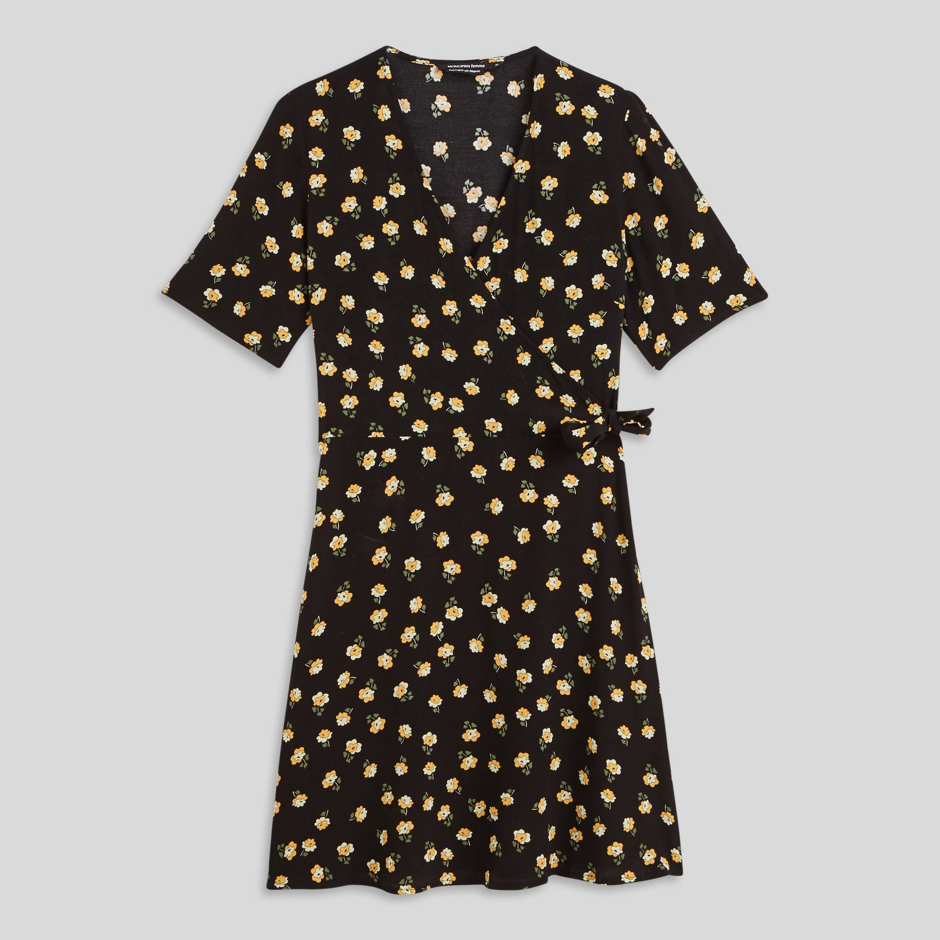 Robe courte cache-coeur imprimé floral, Noir, large image number 2.0