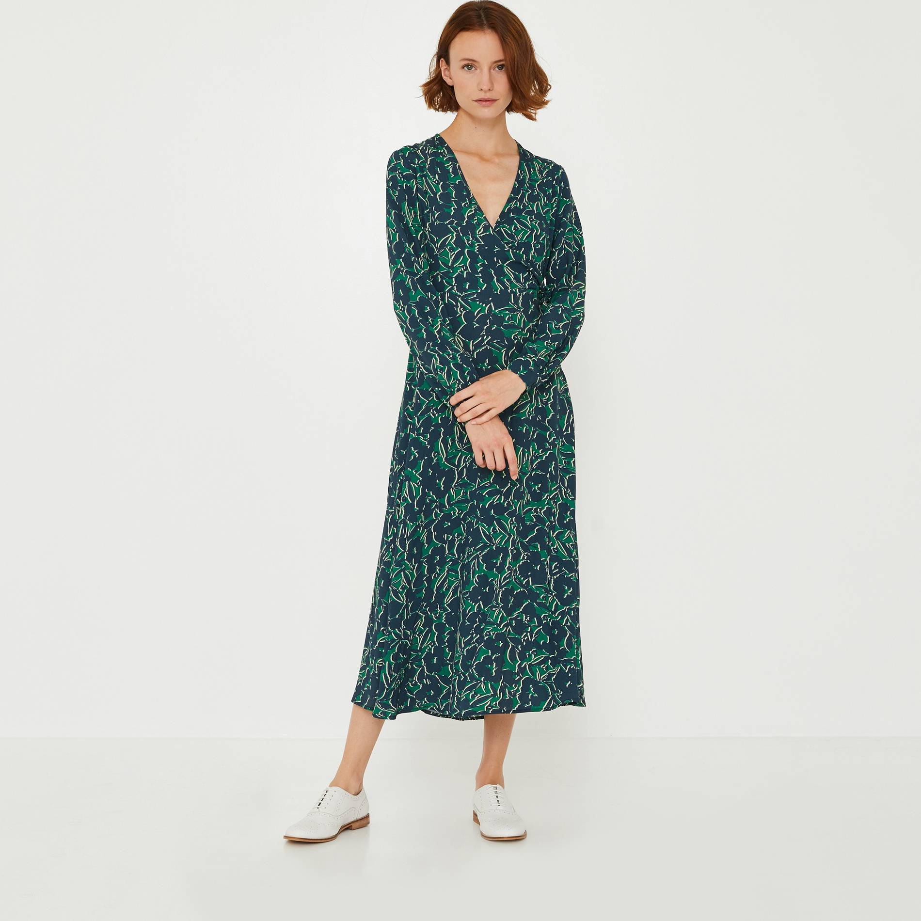 Robe longue cache-coeur imprimé floral, Vert, large image number 0