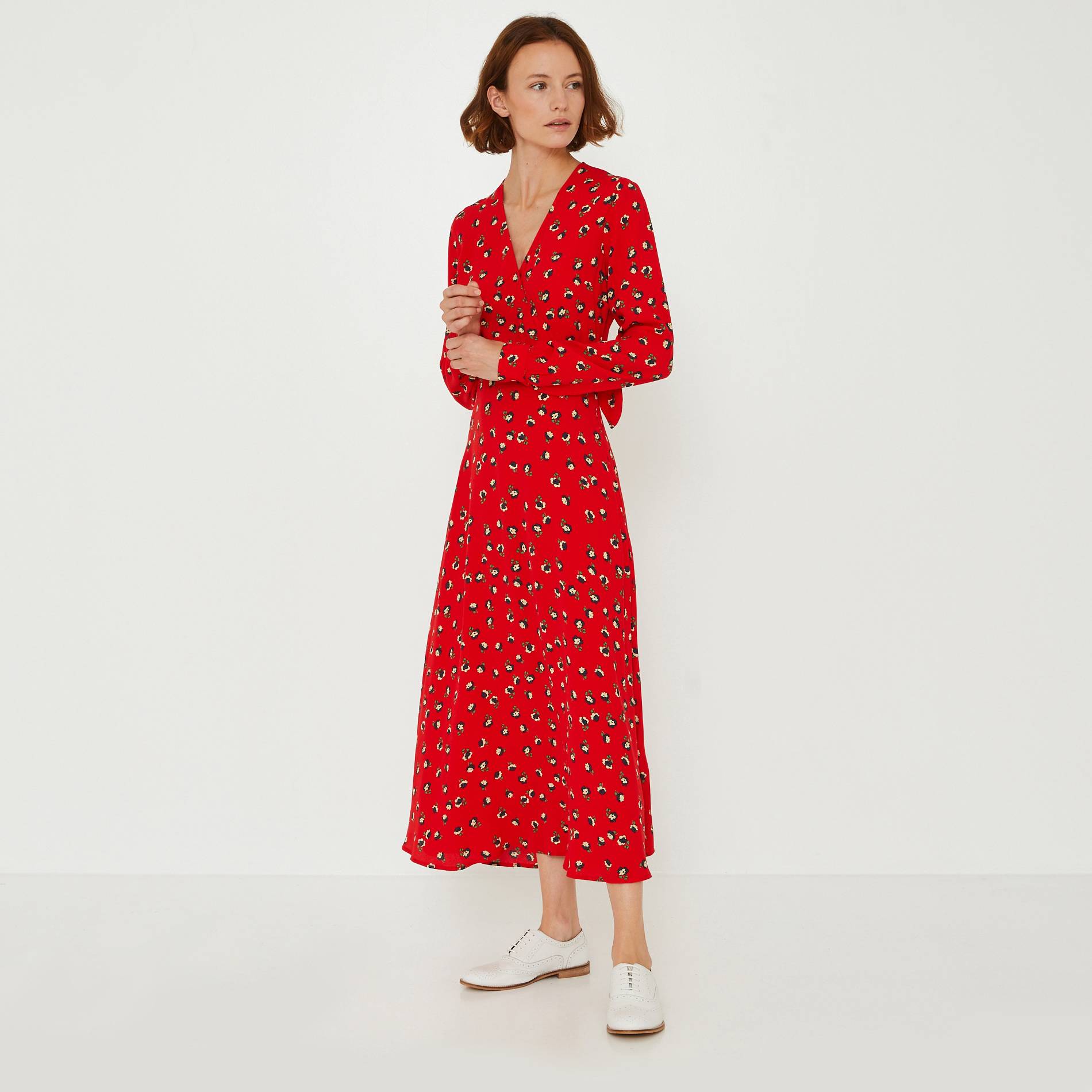 Robe longue cache-coeur imprimé floral, Rouge, large image number 0