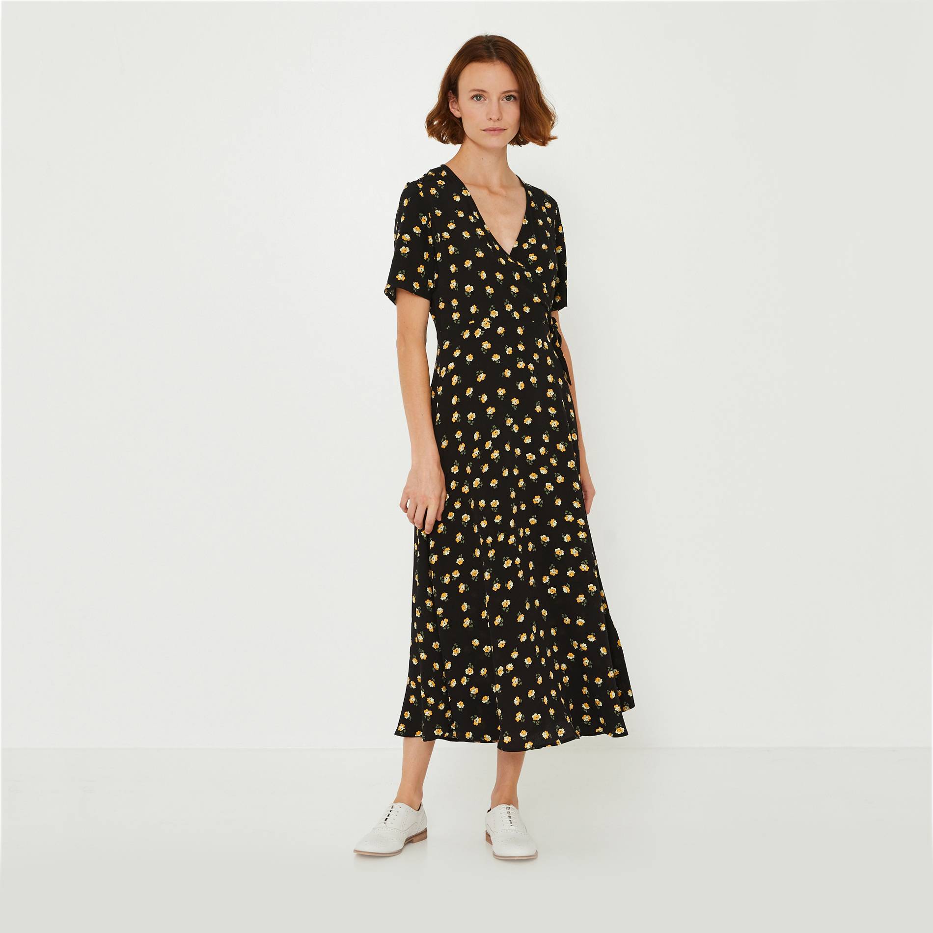Robe longue cache-coeur imprimé floral, Noir, large image number 0.0