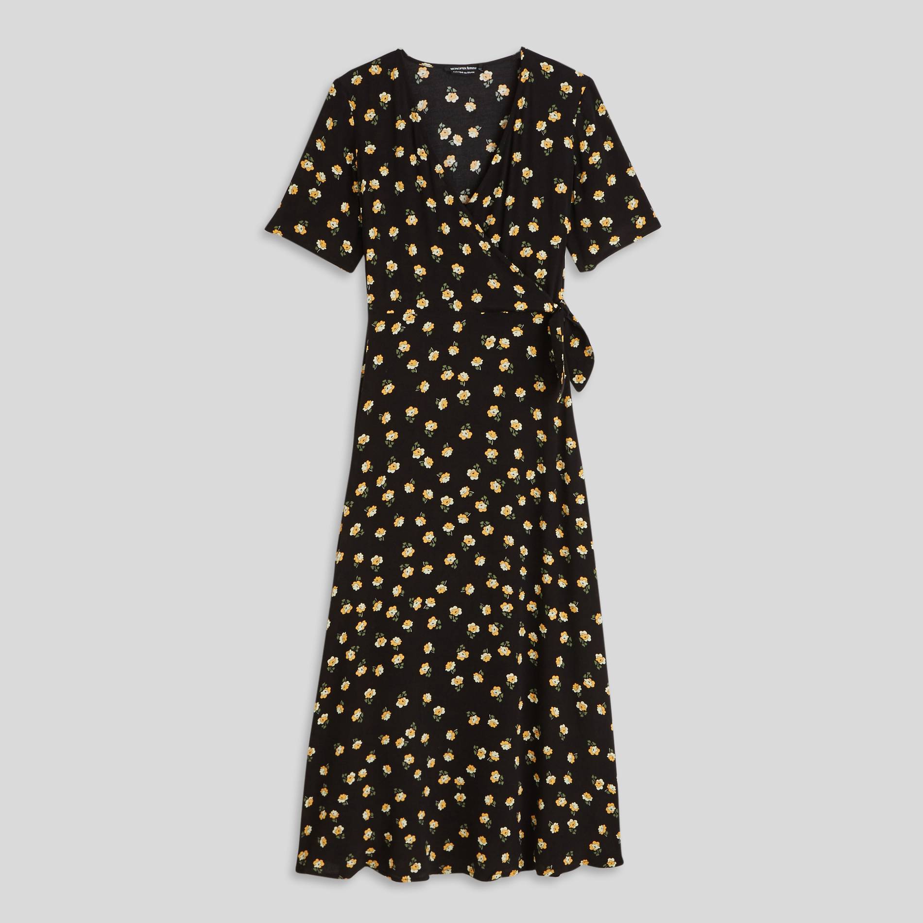 Robe longue cache-coeur imprimé floral, Noir, large image number 2