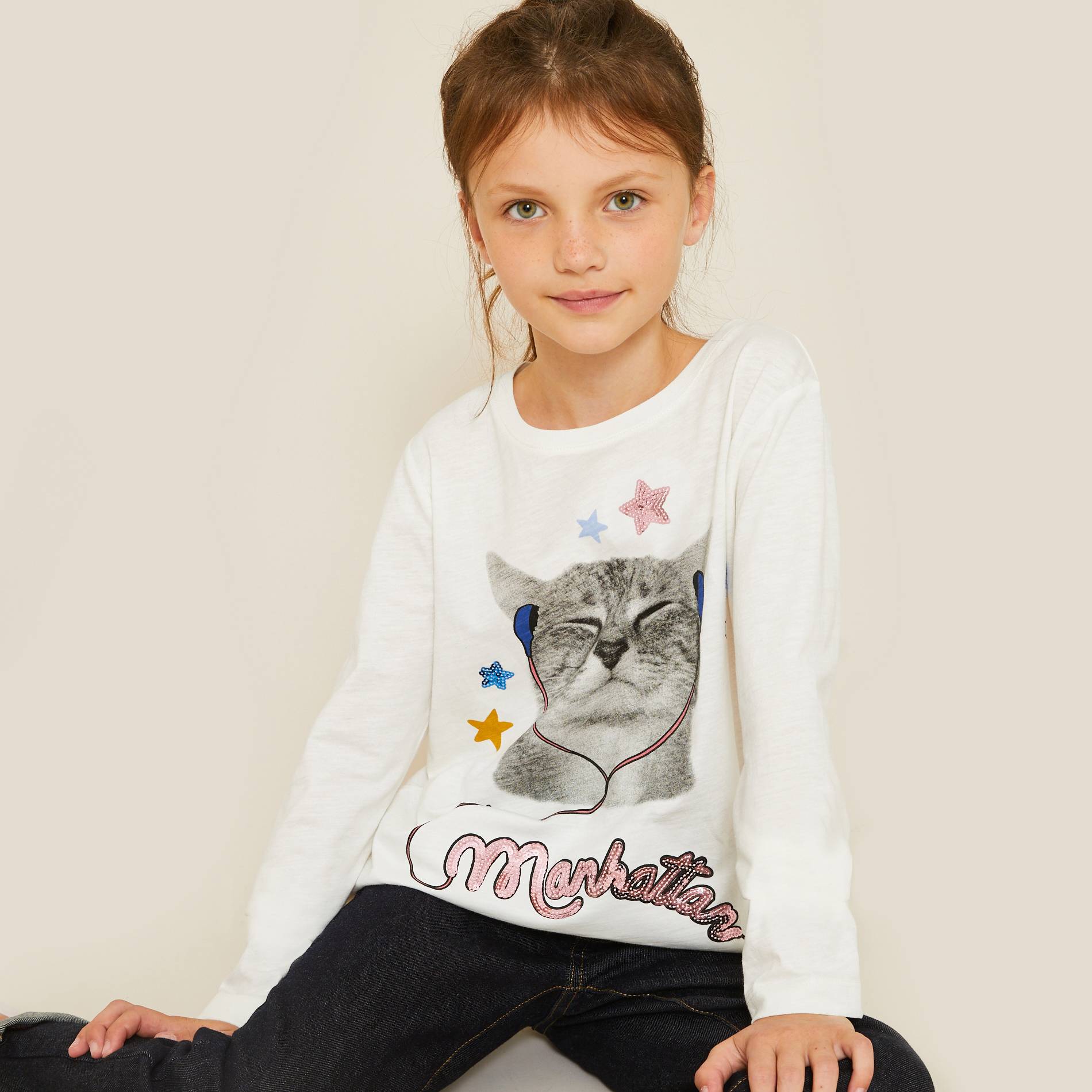 T-shirt manches longues imprimé chat en coton BIO, Ecru, large image number 0