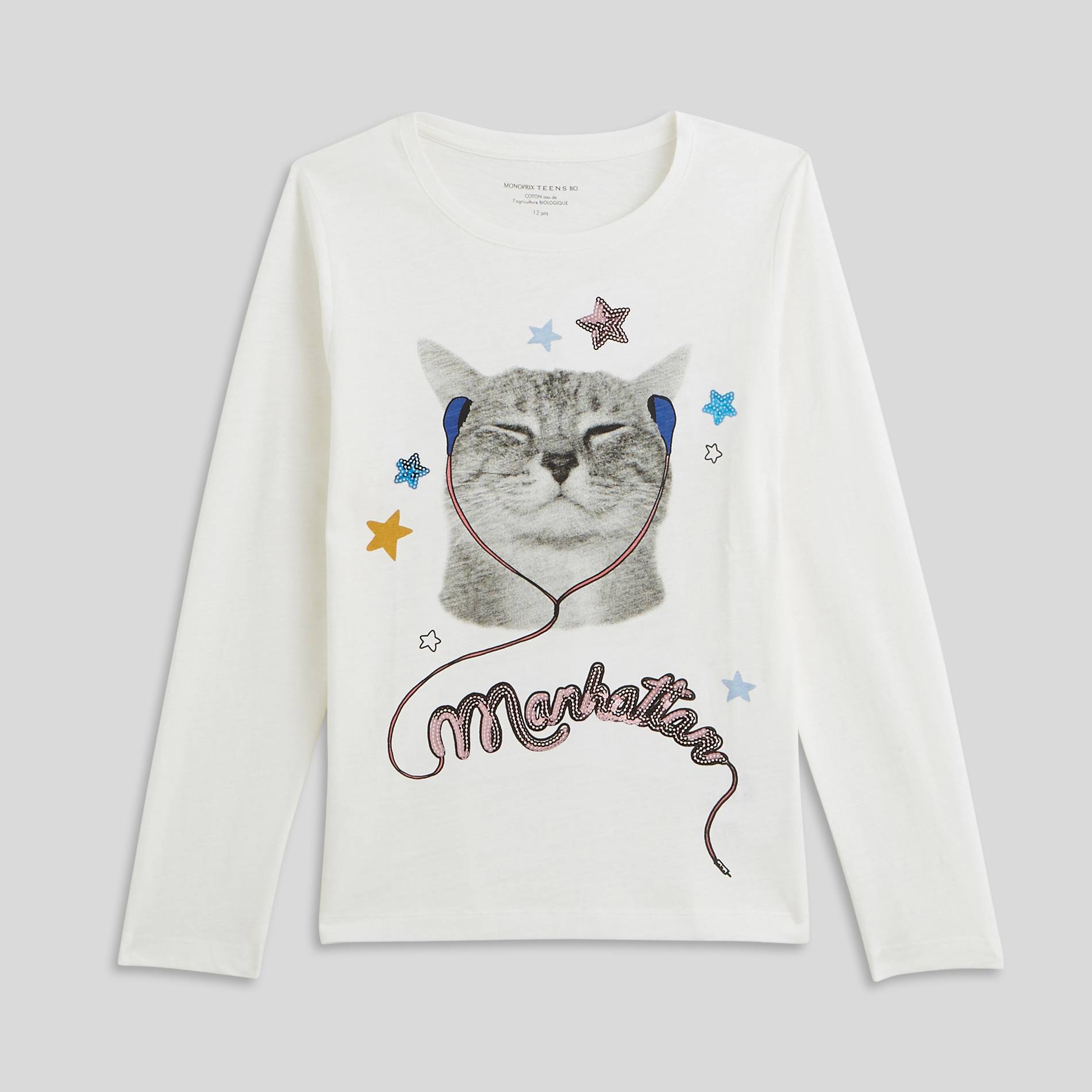 T-shirt manches longues imprimé chat en coton BIO, Ecru, large image number 1